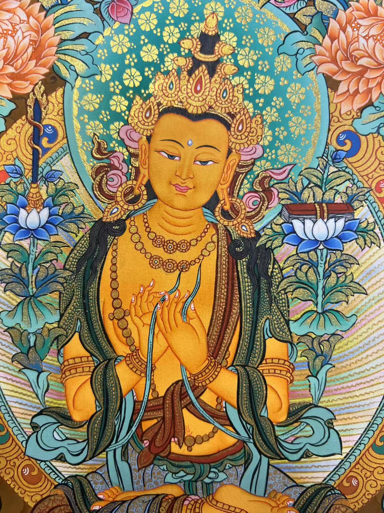 Sacred Tibetan Buddhist thangka of Four-Armed Avalokiteshvara and Manjushri, hand-painted thangka painting for meditation and blessings.