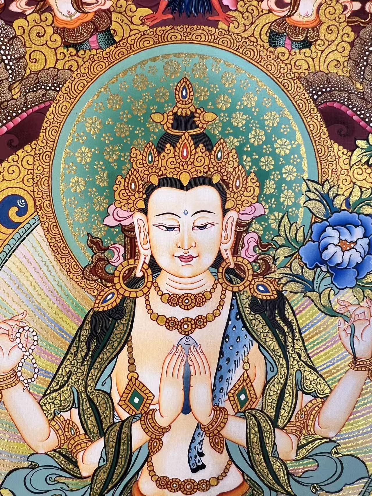 Hand-painted Four-Armed Avalokiteshvara and Manjushri thangka symbolizing compassion and wisdom, perfect for home altar or spiritual practice.