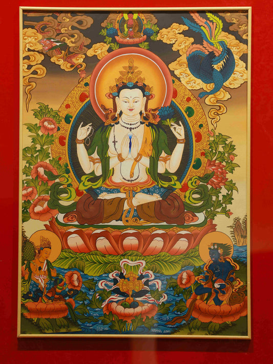 Tibetan Buddhist Four-Armed Avalokiteshvara and Manjushri Thangka Painting - Compassion and Wisdom Art
