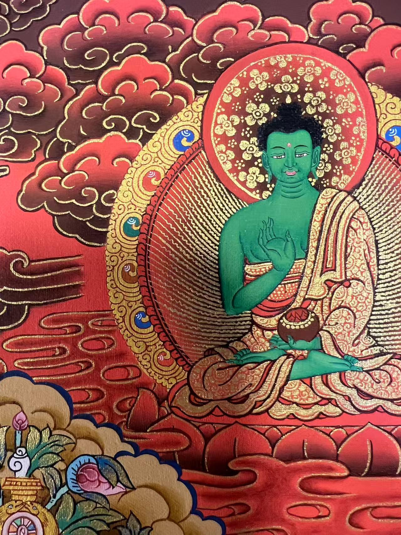 Protective Four-Armed Avalokiteshvara and Manjushri thangka, hand-painted Tibetan thangka painting for spiritual guidance and obstacle removal.
