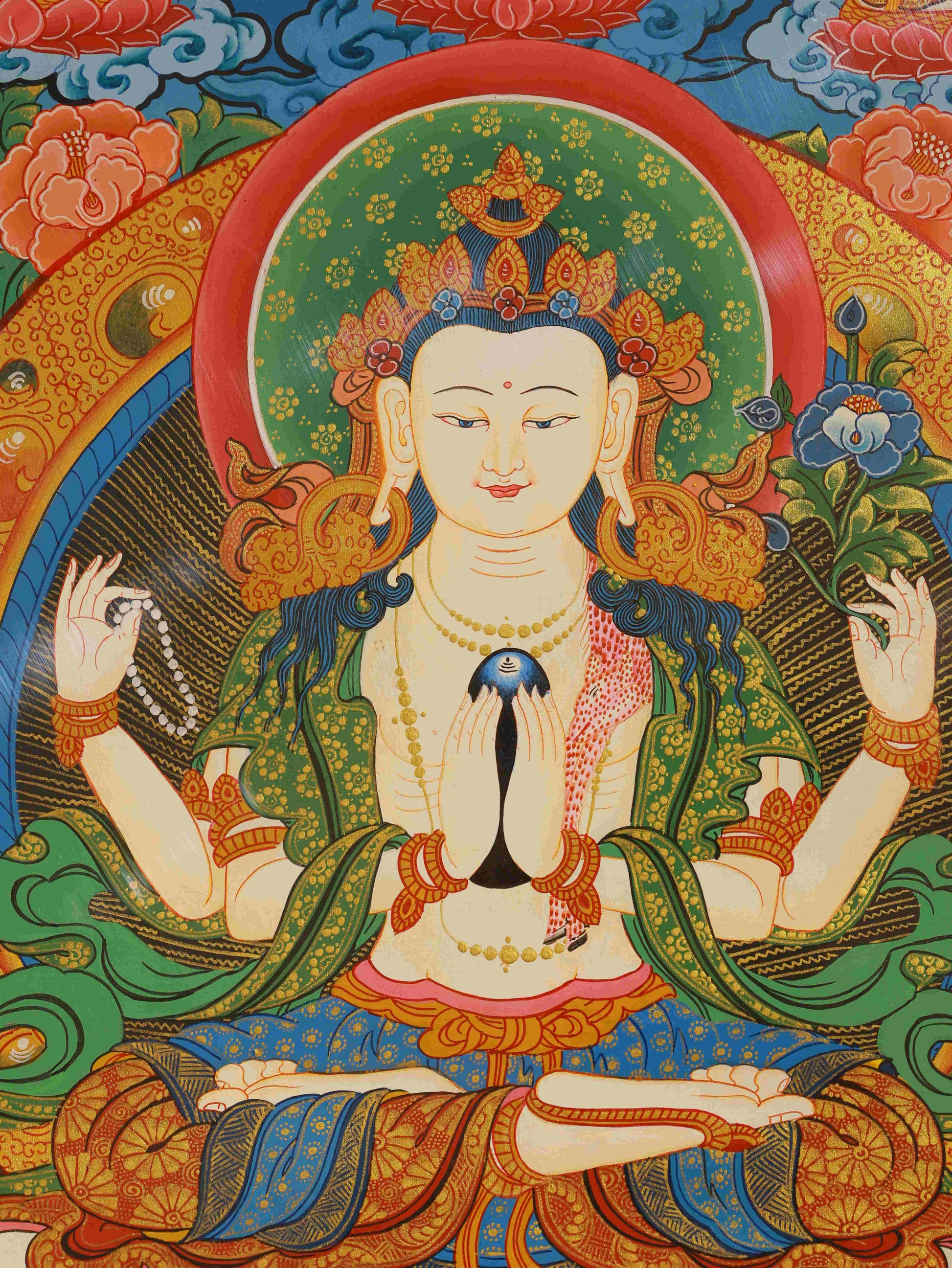 Tibetan Buddhist Four-Armed Avalokiteshvara Thangka, Tibetan Buddha art on canvas