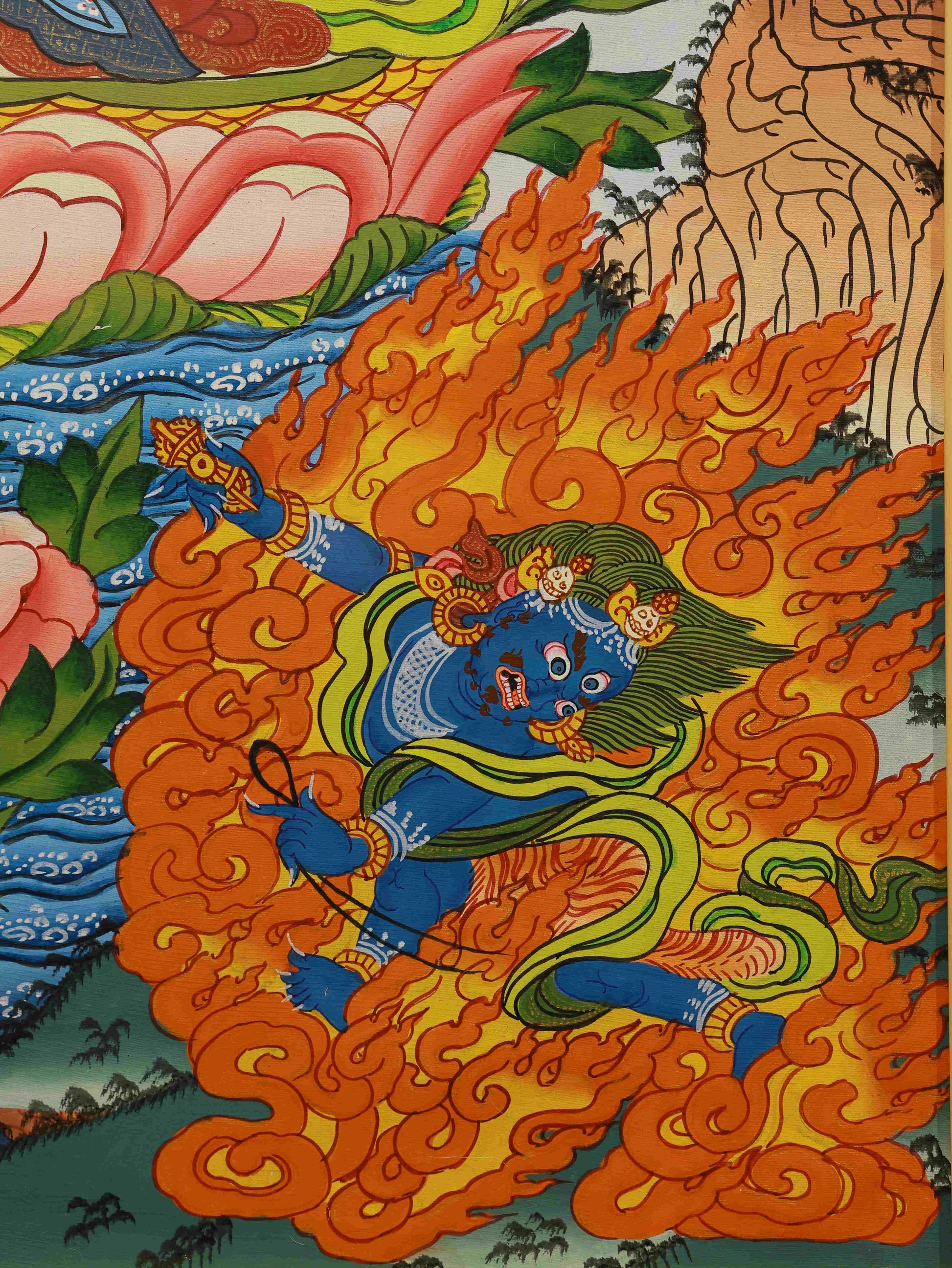 Authentic hand-painted Four-Armed Avalokiteshvara Tibetan Thangka for sacred home decor.