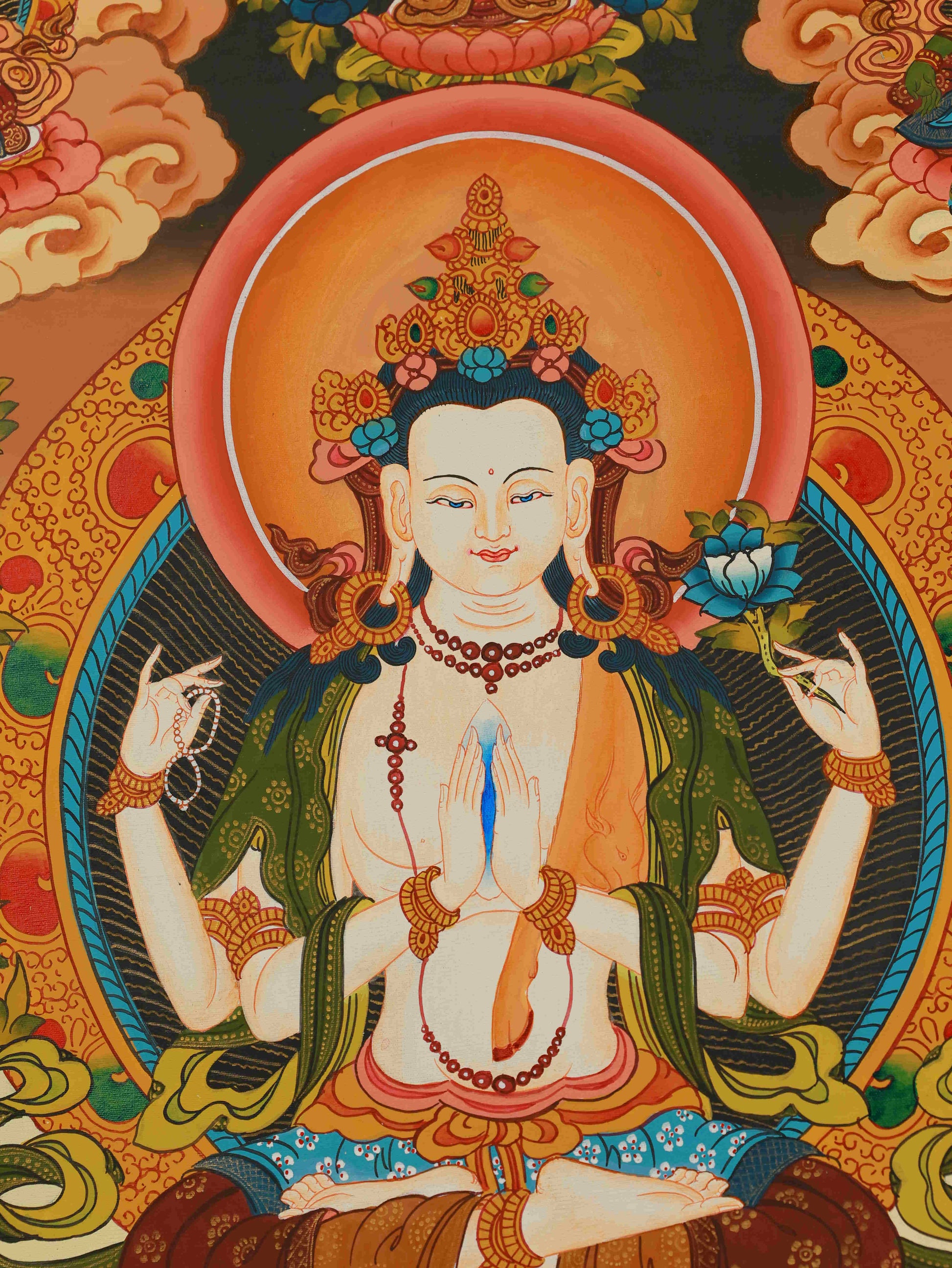 Four-Armed Avalokiteshvara Tibetan Thangka, 75x50cm, sacred hand-painted artwork with traditional mineral pigments.