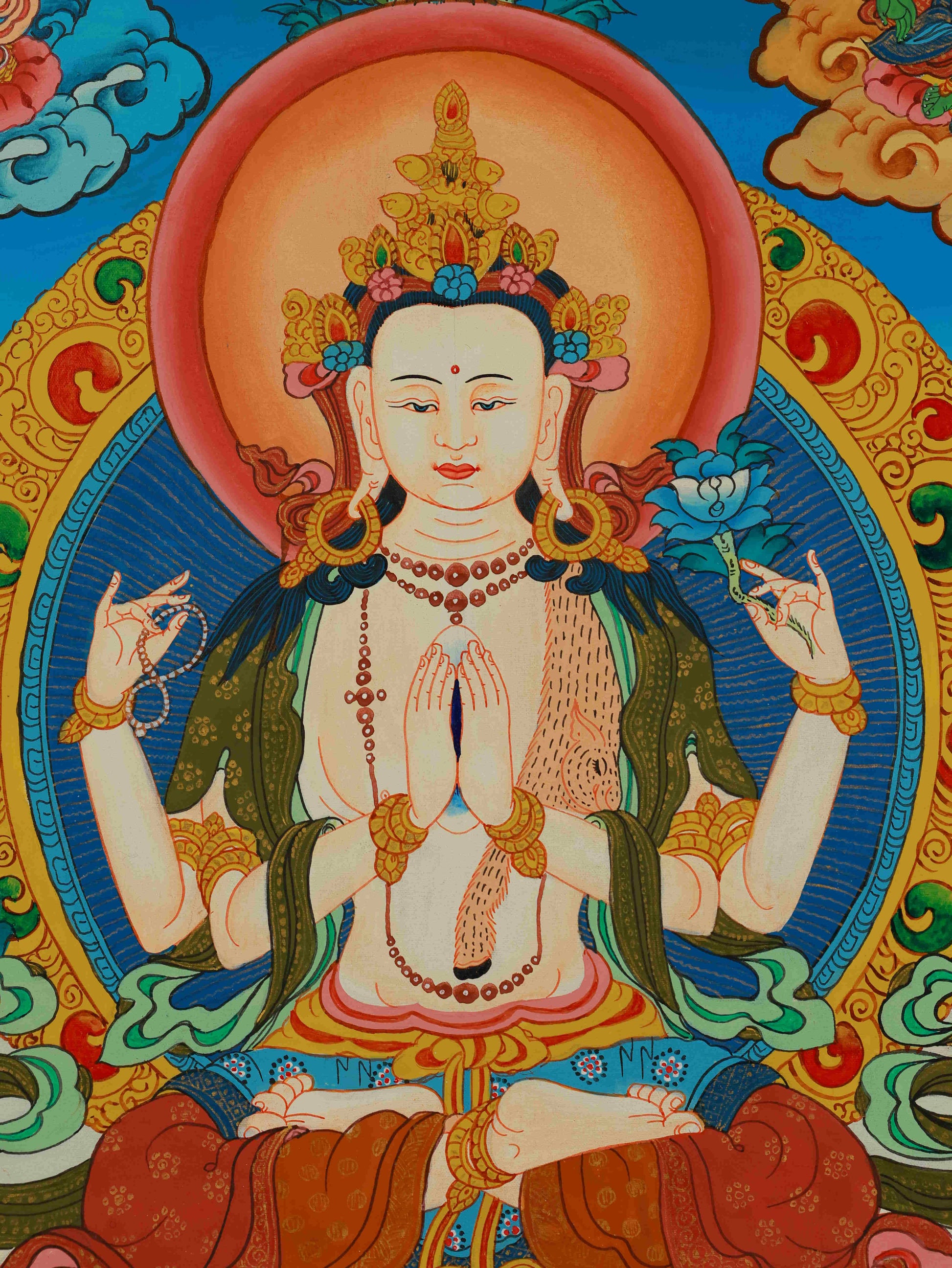 Hand-painted Four-Armed Chenrezig (Avalokiteshvara) Thangka, symbolizing compassion and spiritual protection.