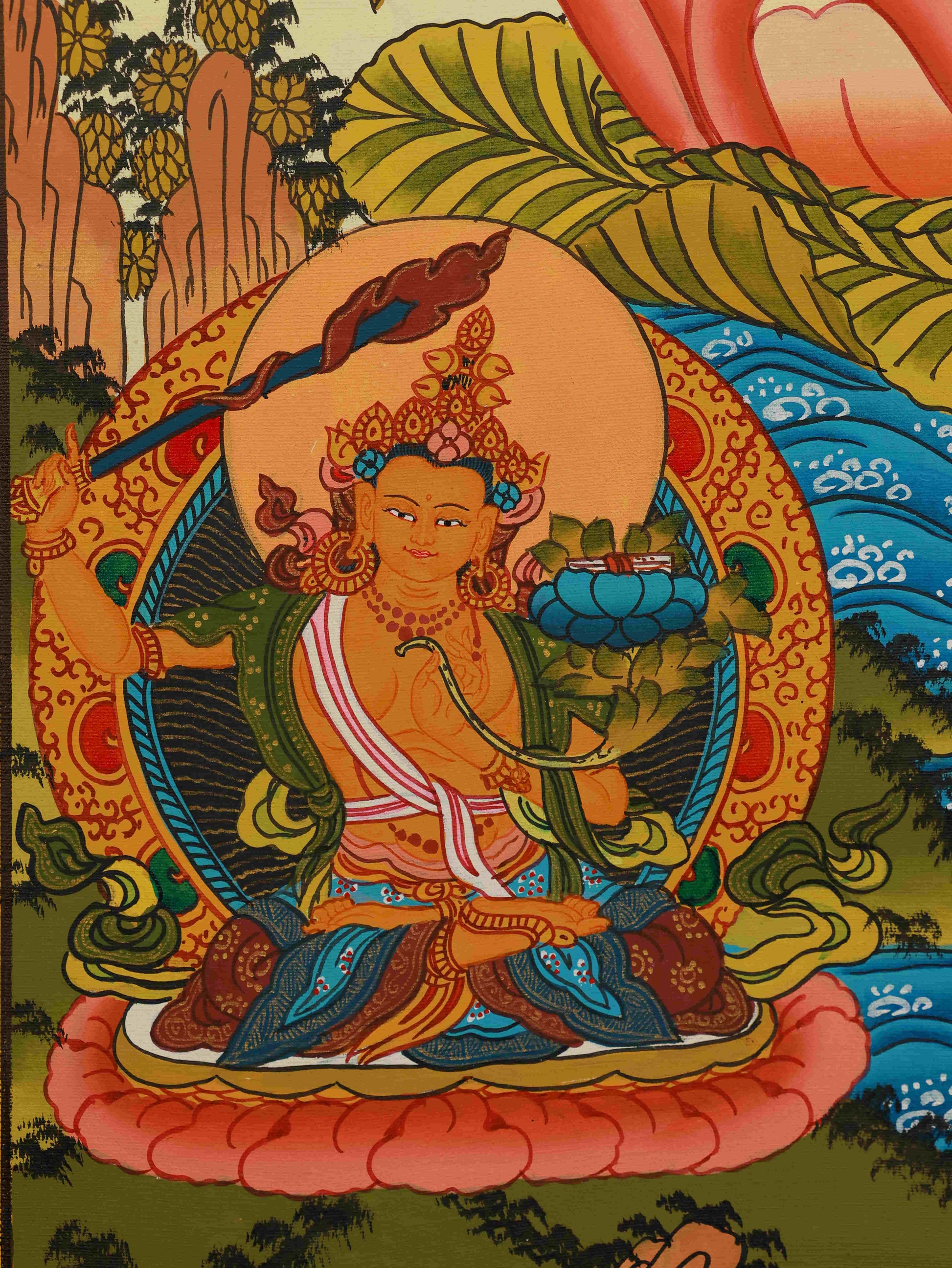 Handcrafted Tibetan-Buddhist Four-Armed Avalokiteshvara Thangka, pure hand-painted on traditional canvas.