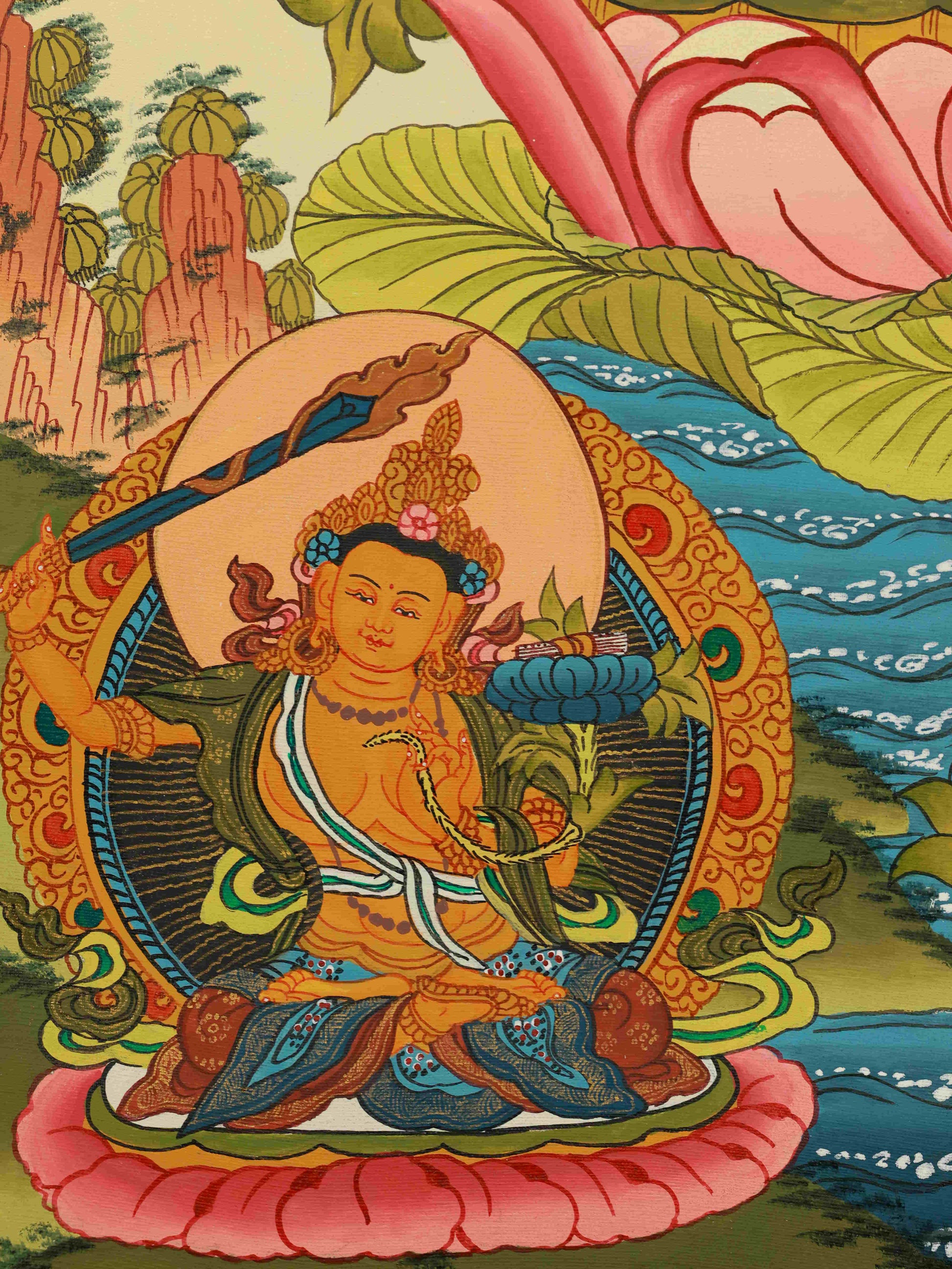 Spiritual Tibetan Thangka of Four-Armed Chenrezig, handcrafted with traditional mineral pigments.