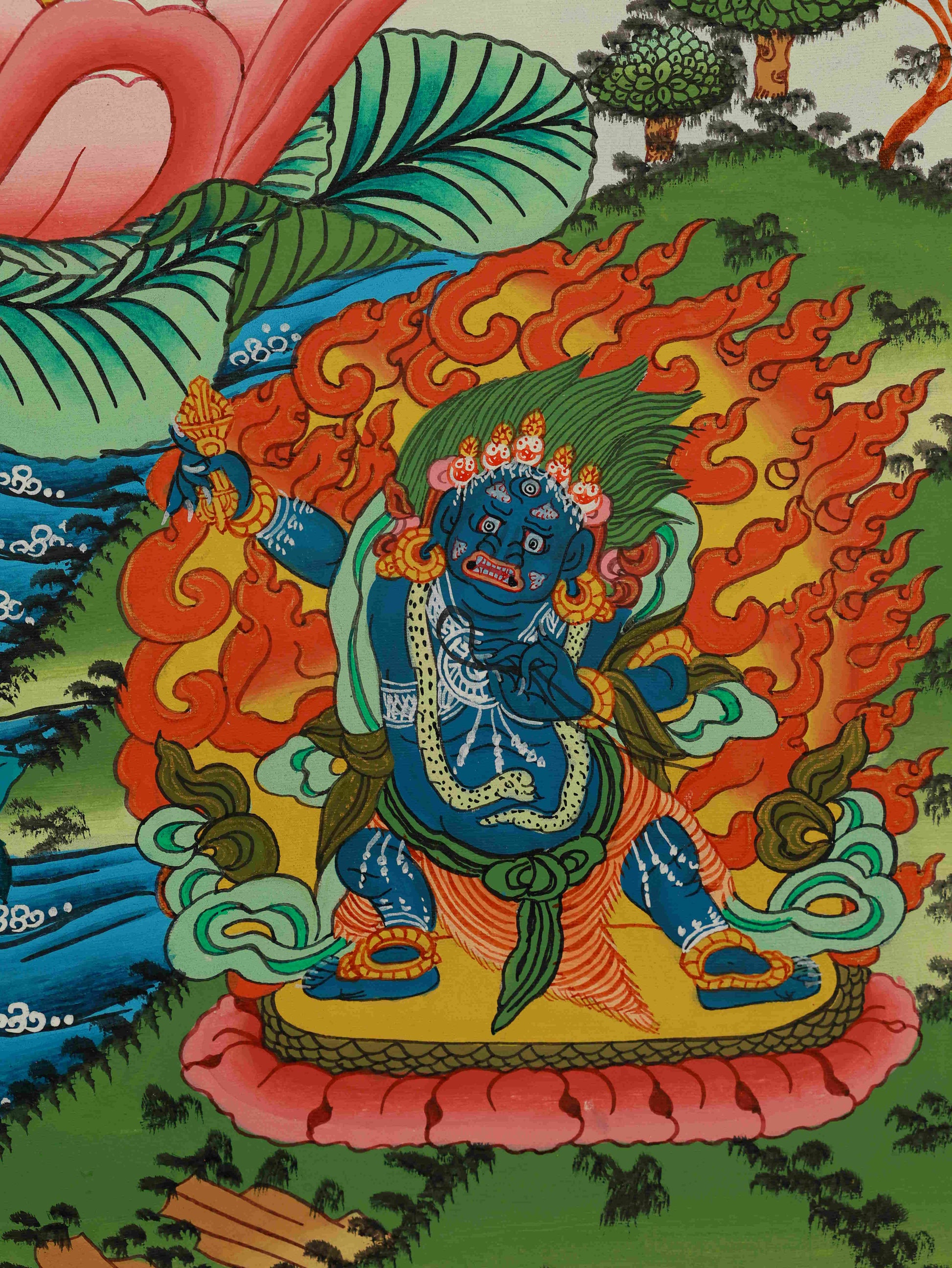 Sacred Tibetan Thangka of Four-Armed Chenrezig, hand-painted with intricate details and vibrant colors.