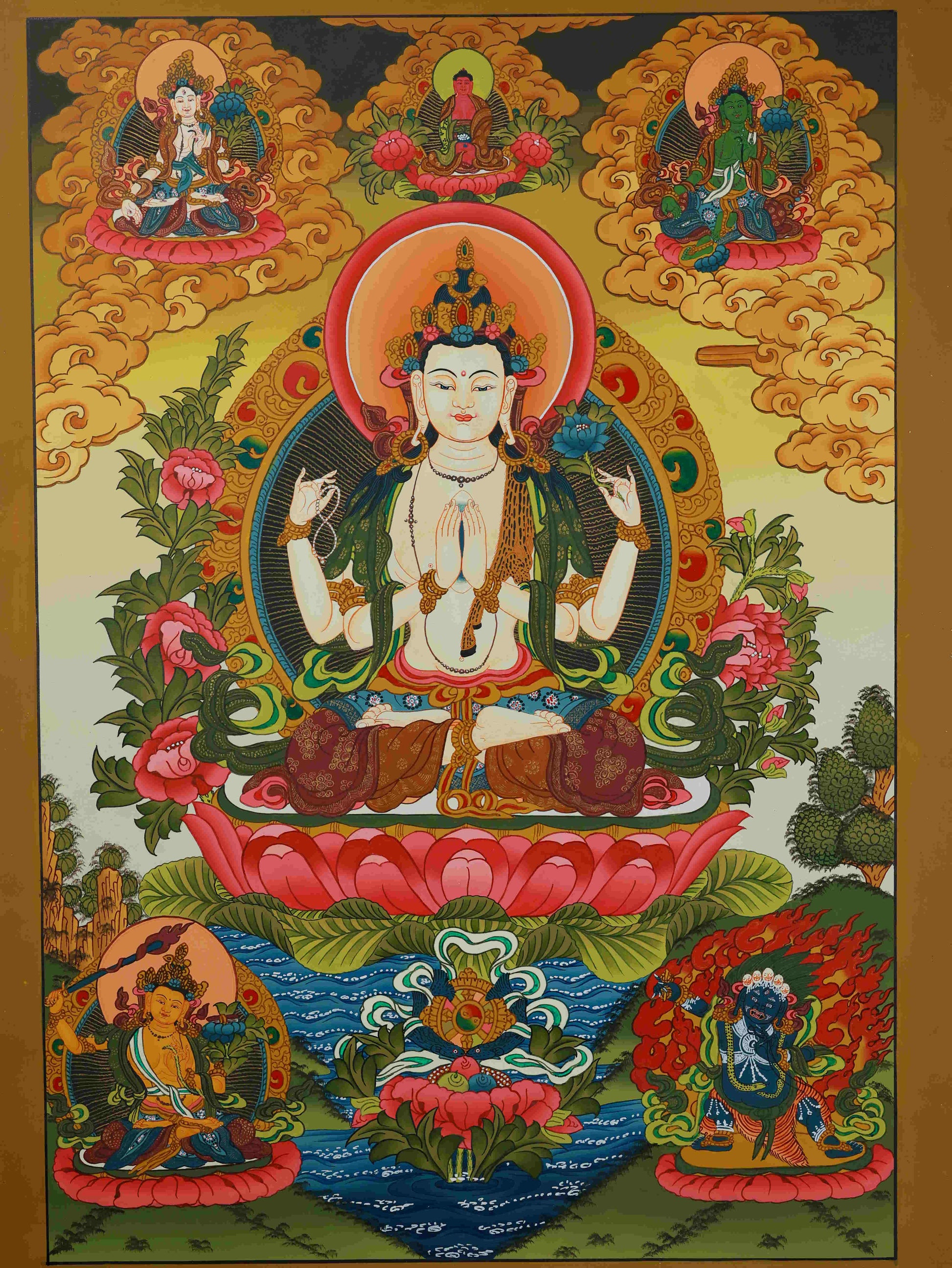 Traditional Tibetan Buddhist Chenrezig Thangka, a sacred Buddha art piece created with mineral pigments and fine hand craftsmanship.