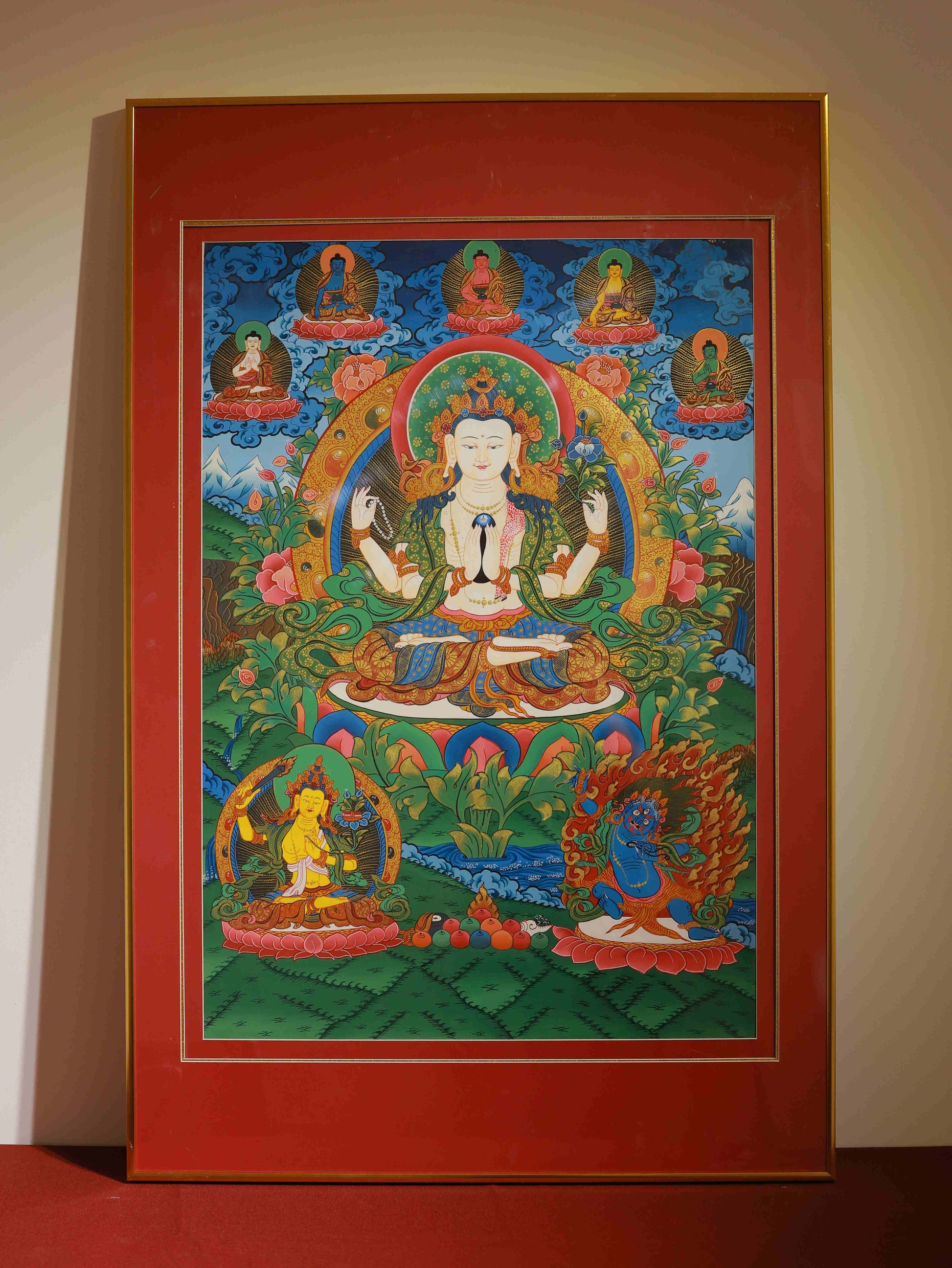 Tibetan Buddhist Four-Armed Avalokiteshvara Thangka, detailed Tibetan Buddha art painting