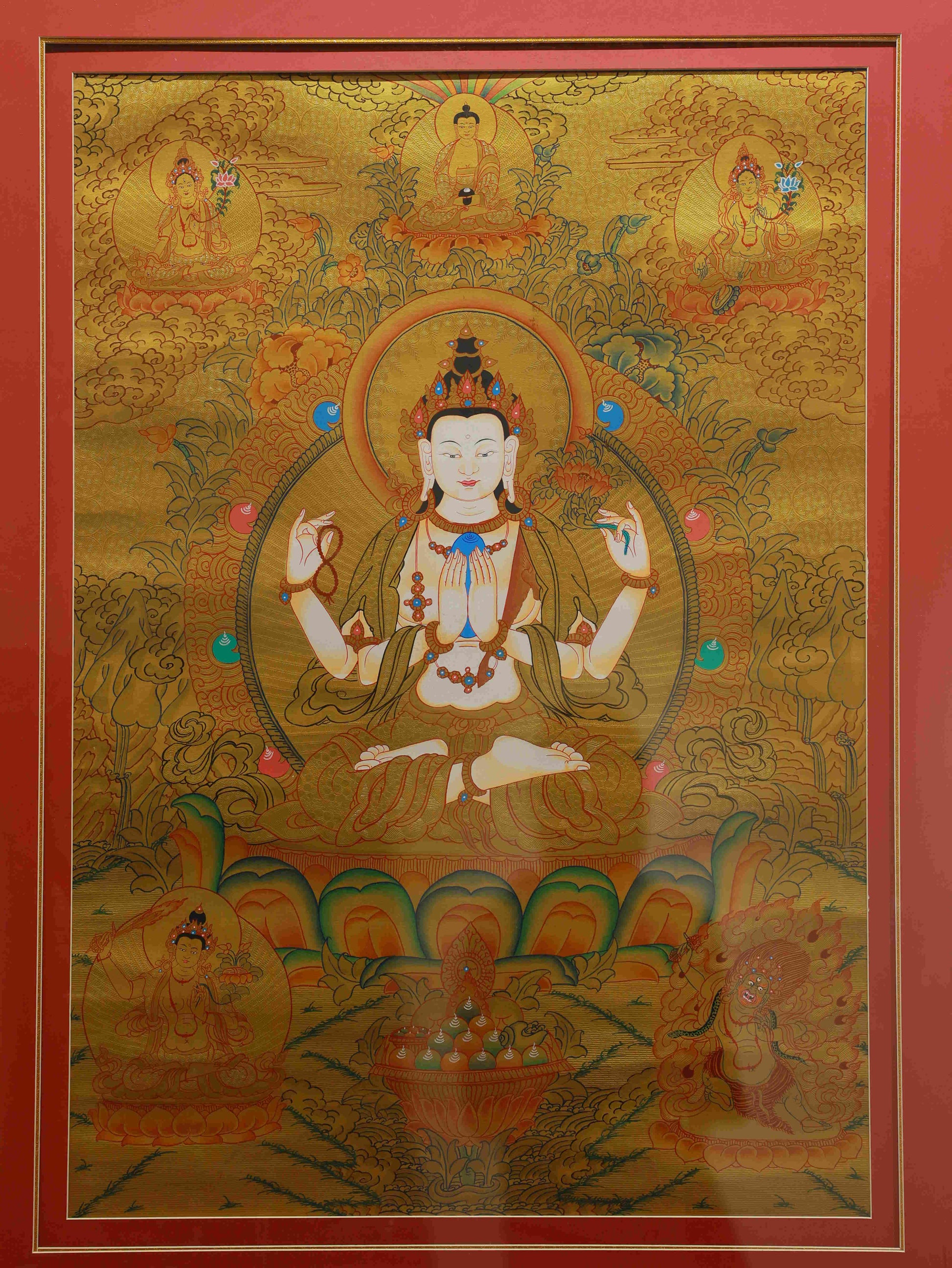 Hand-painted Tibetan Thangka of Four-Armed Avalokiteshvara Buddha, crafted with gold foil and mineral pigments.