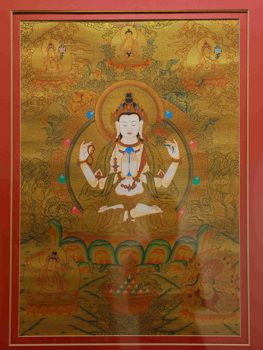 Hand-painted Tibetan Thangka of Four-Armed Avalokiteshvara Buddha, crafted with gold foil and mineral pigments.