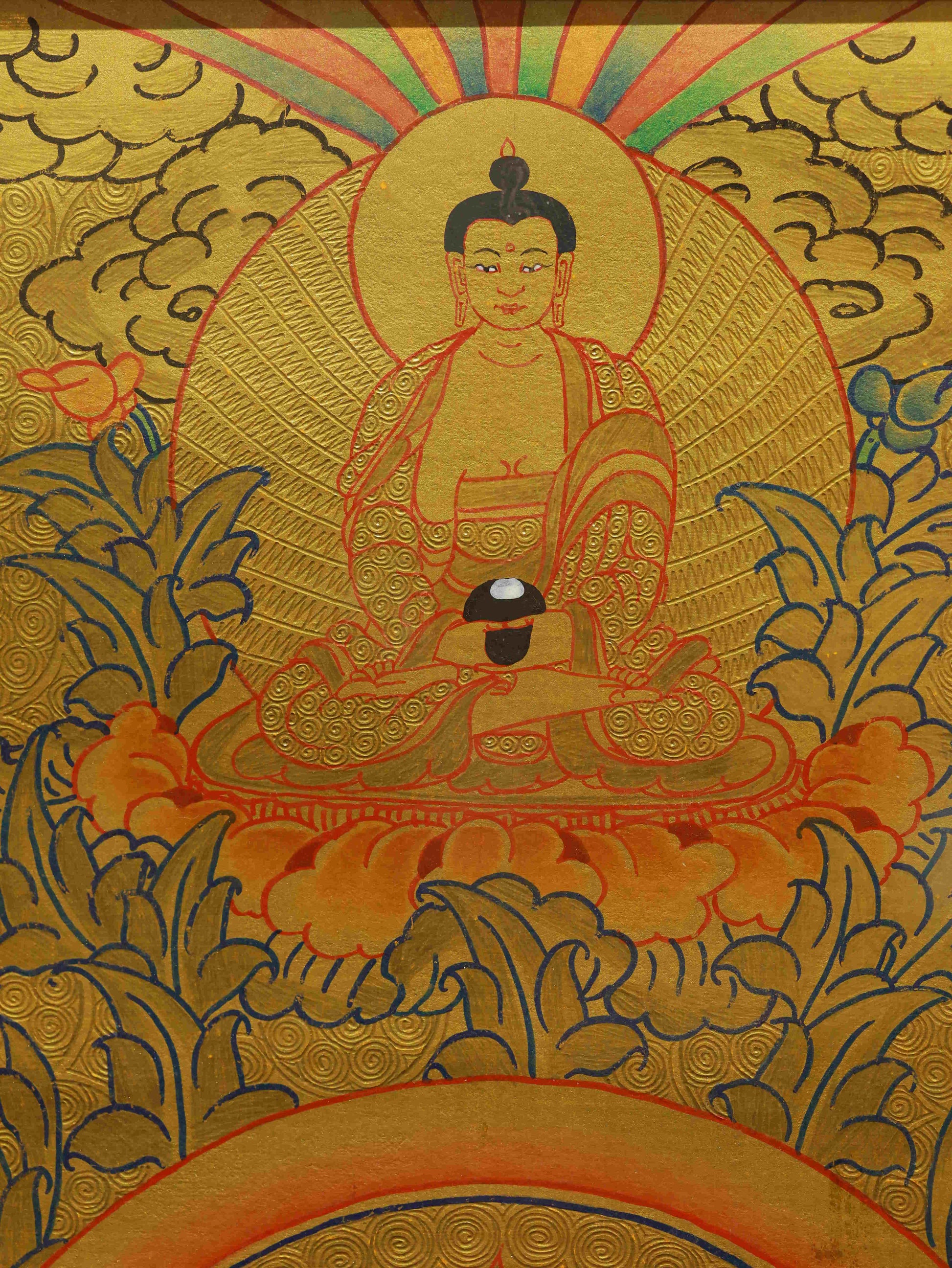 Tibetan Buddhist Thangka painting of Chenrezig, the Four-Armed Avalokiteshvara symbolizing infinite compassion.