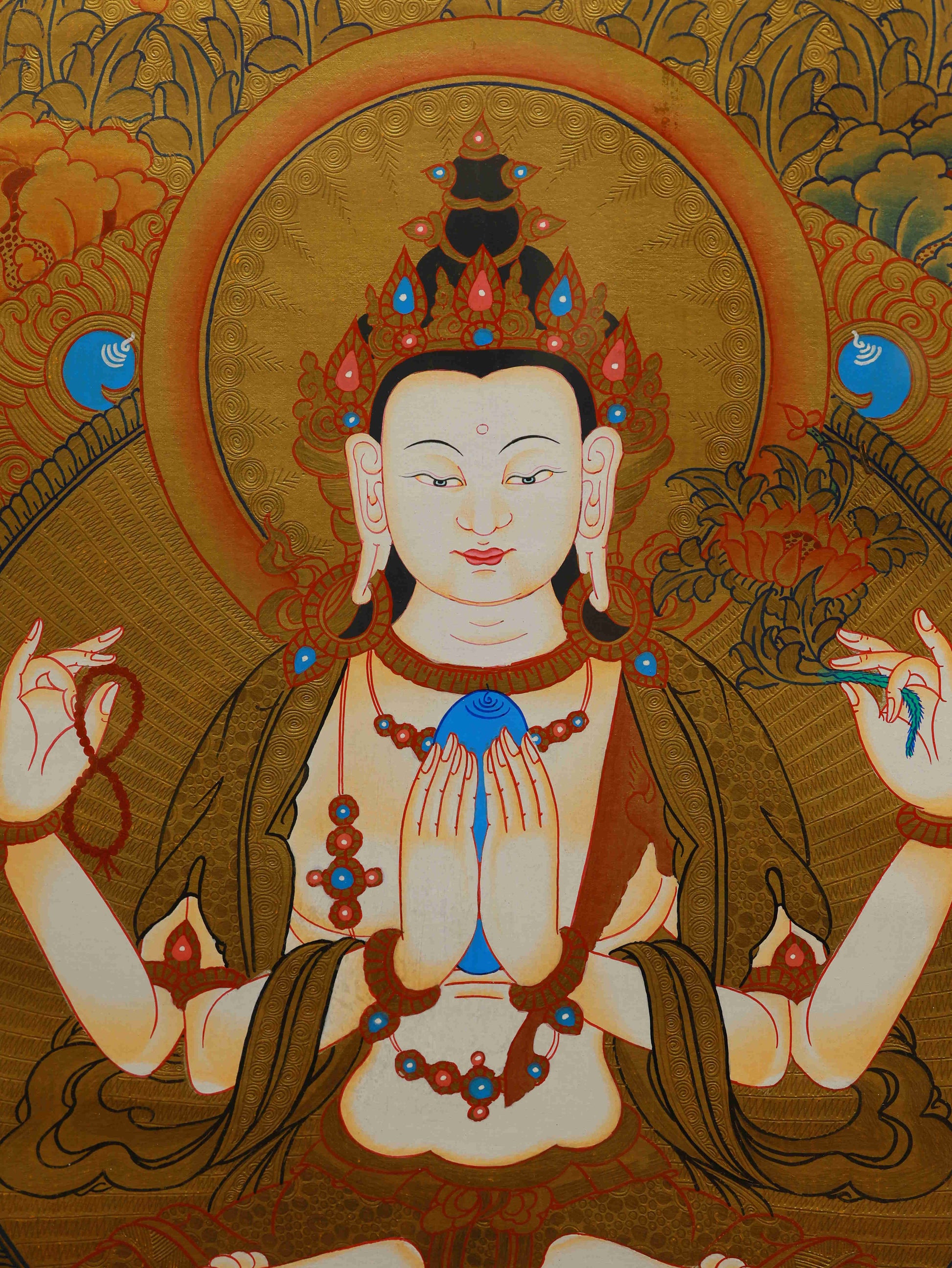 Tibetan Buddhist Thangka painting of Avalokiteshvara, sacred hand-painted art for meditation and devotion.