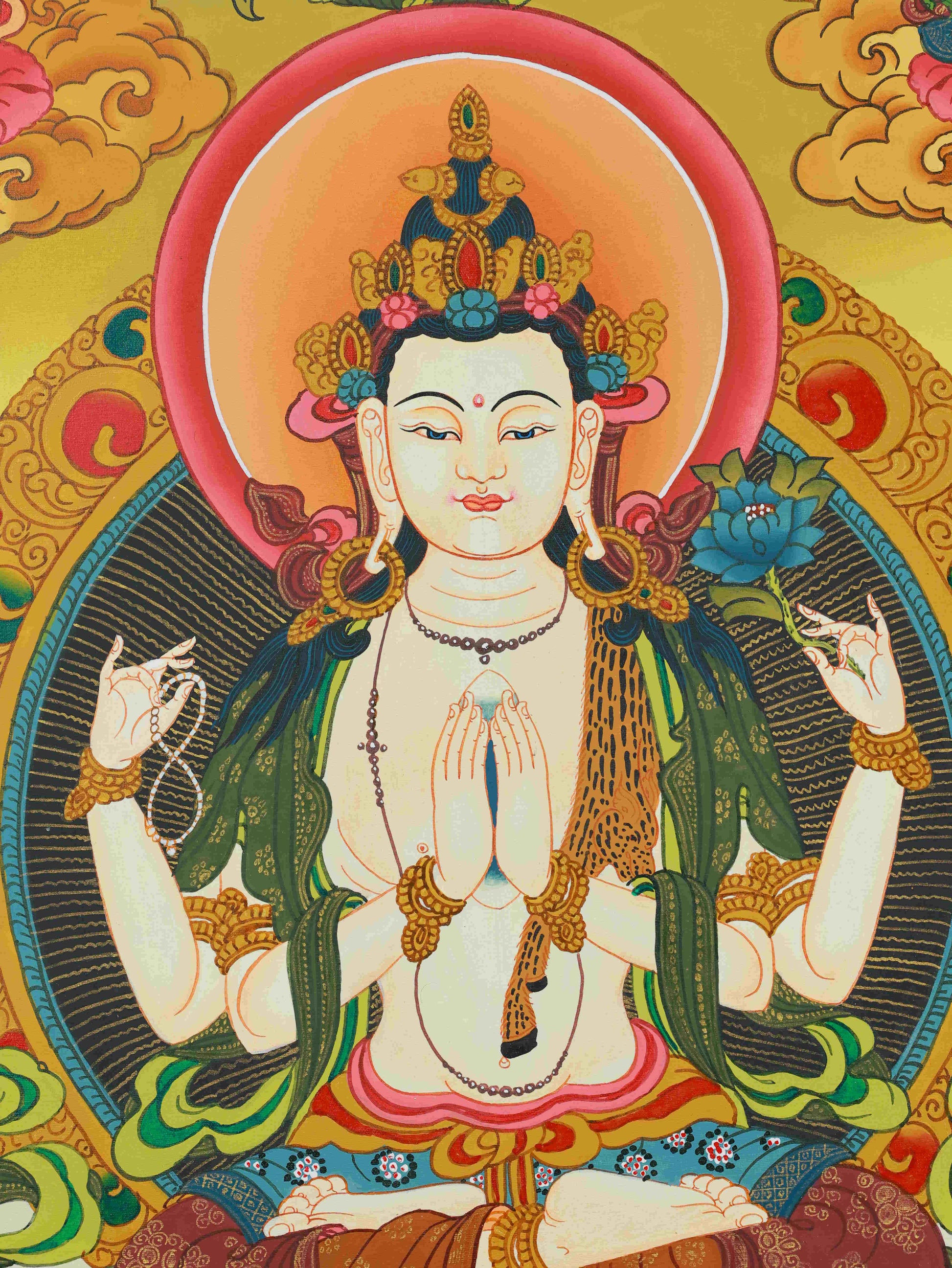 Tibetan Buddhist Thangka of Lokeshvara Bodhisattva, a masterpiece of Tibetan Buddha art symbolizing purity and boundless compassion.