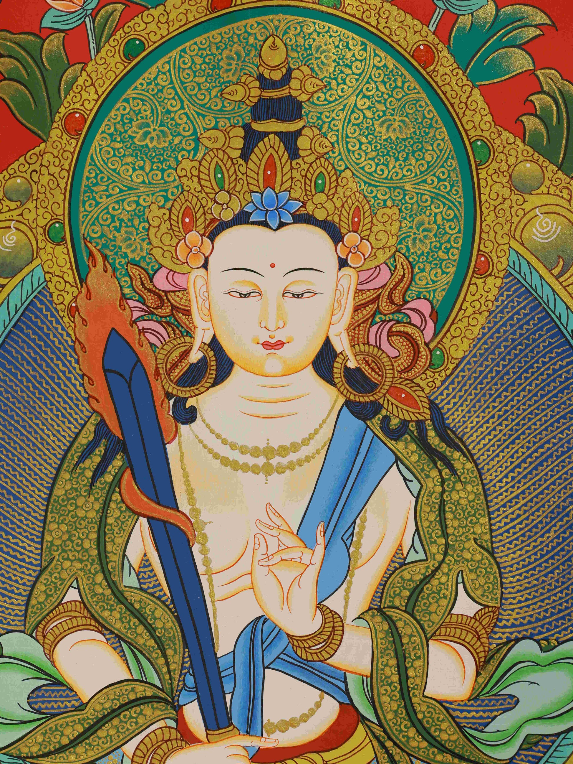 Tibetan Buddhist Akasagarbha Thangka Art – Traditional hand-painted canvas with mineral pigments.