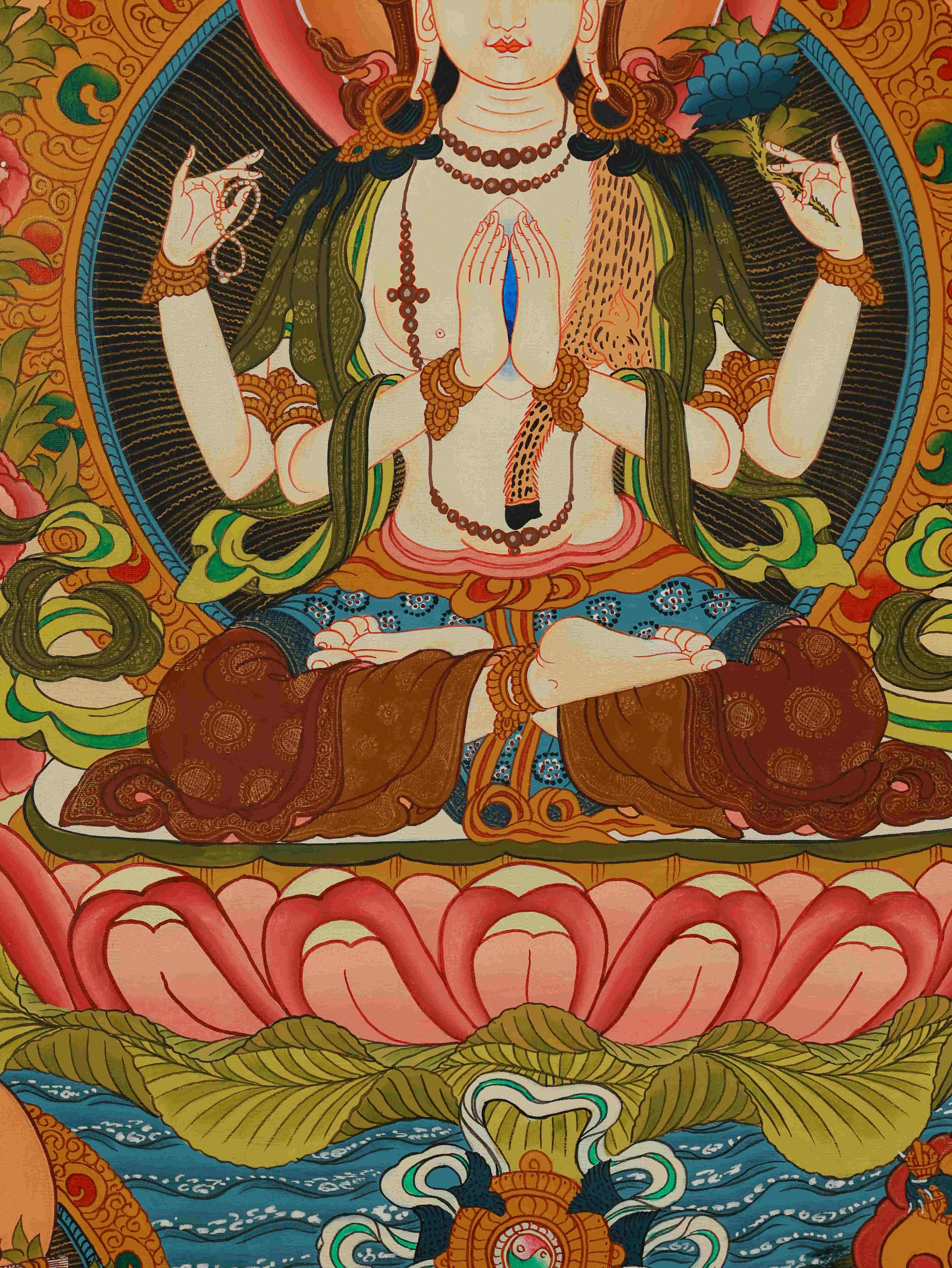 Close-up view of Four-Armed Avalokiteshvara Thangka, highlighting intricate hand-painted details.