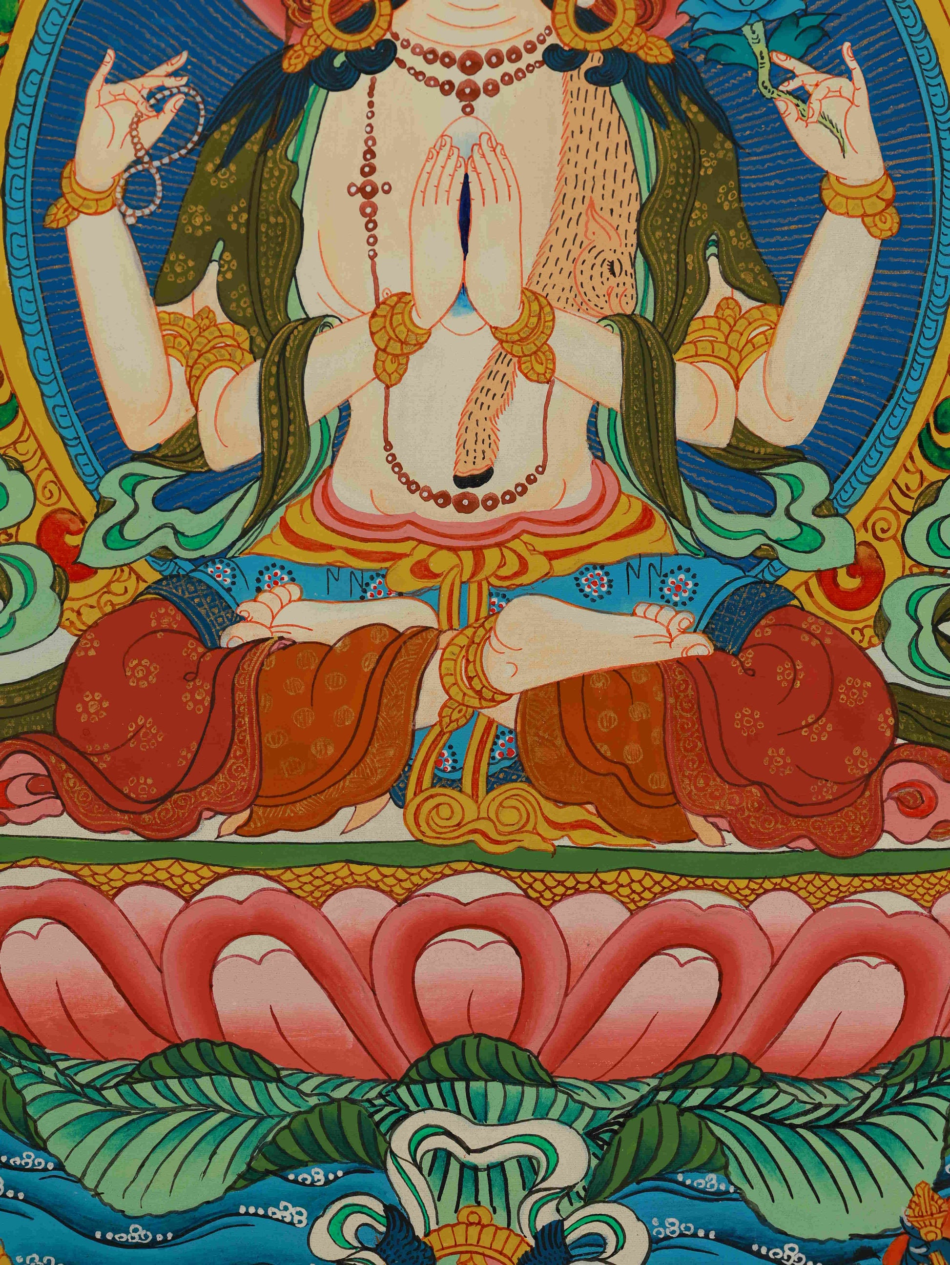 Authentic Tibetan Thangka of Four-Armed Chenrezig, symbolizing compassion, protection, and spiritual awakening.
