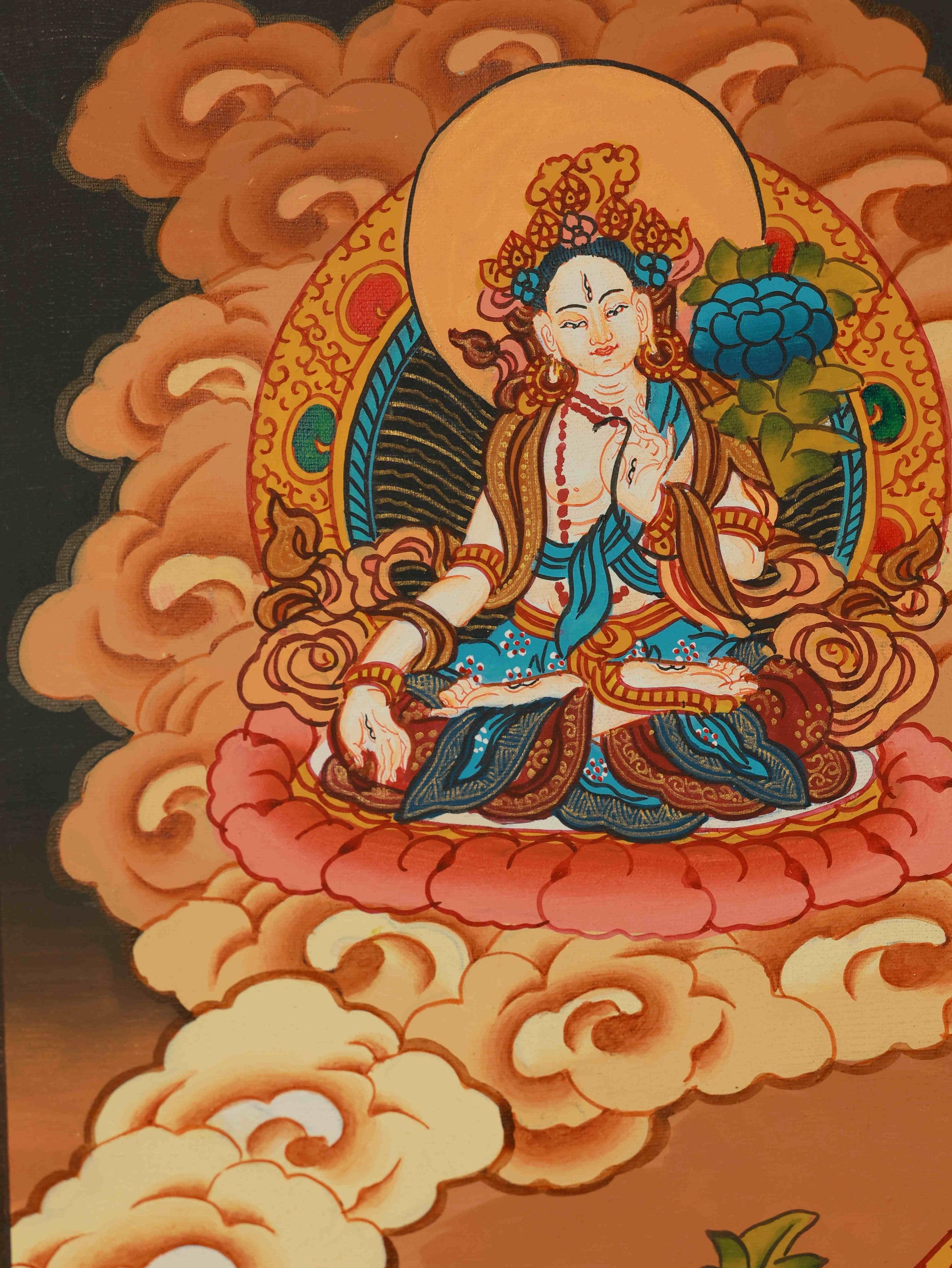 Close-up of Four-Armed Avalokiteshvara Thangka, highlighting fine hand-painted details and mineral pigments.