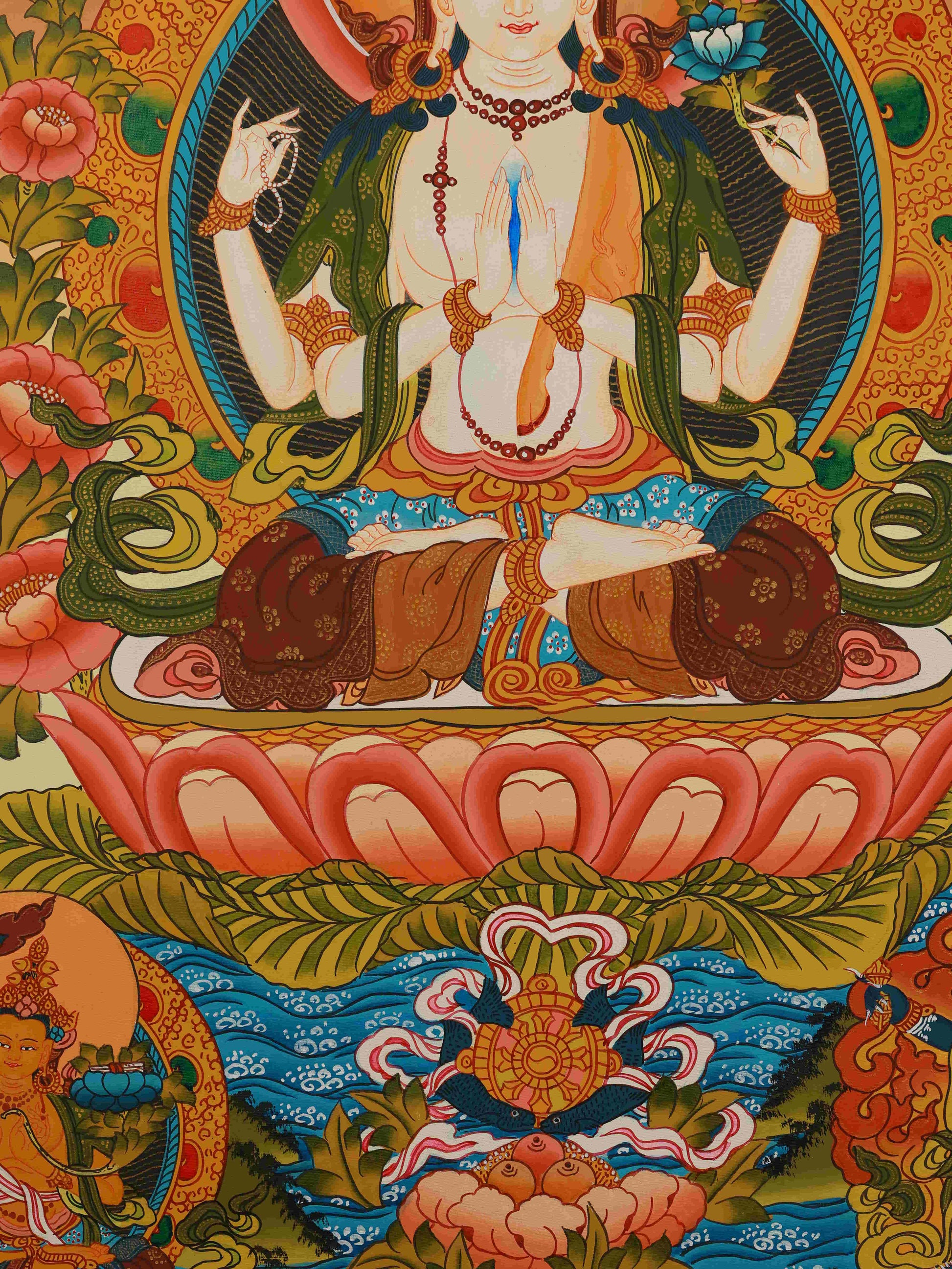 Handmade Four-Armed Avalokiteshvara Tibetan Thangka, for meditation, altar, or home decoration.