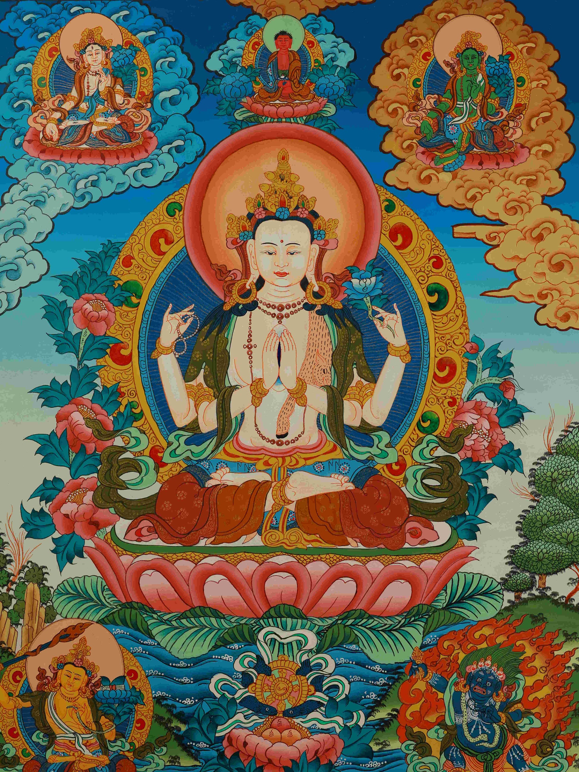 Authentic Tibetan Thangka of Four-Armed Chenrezig, symbolizing compassion, protection, and spiritual awakening.