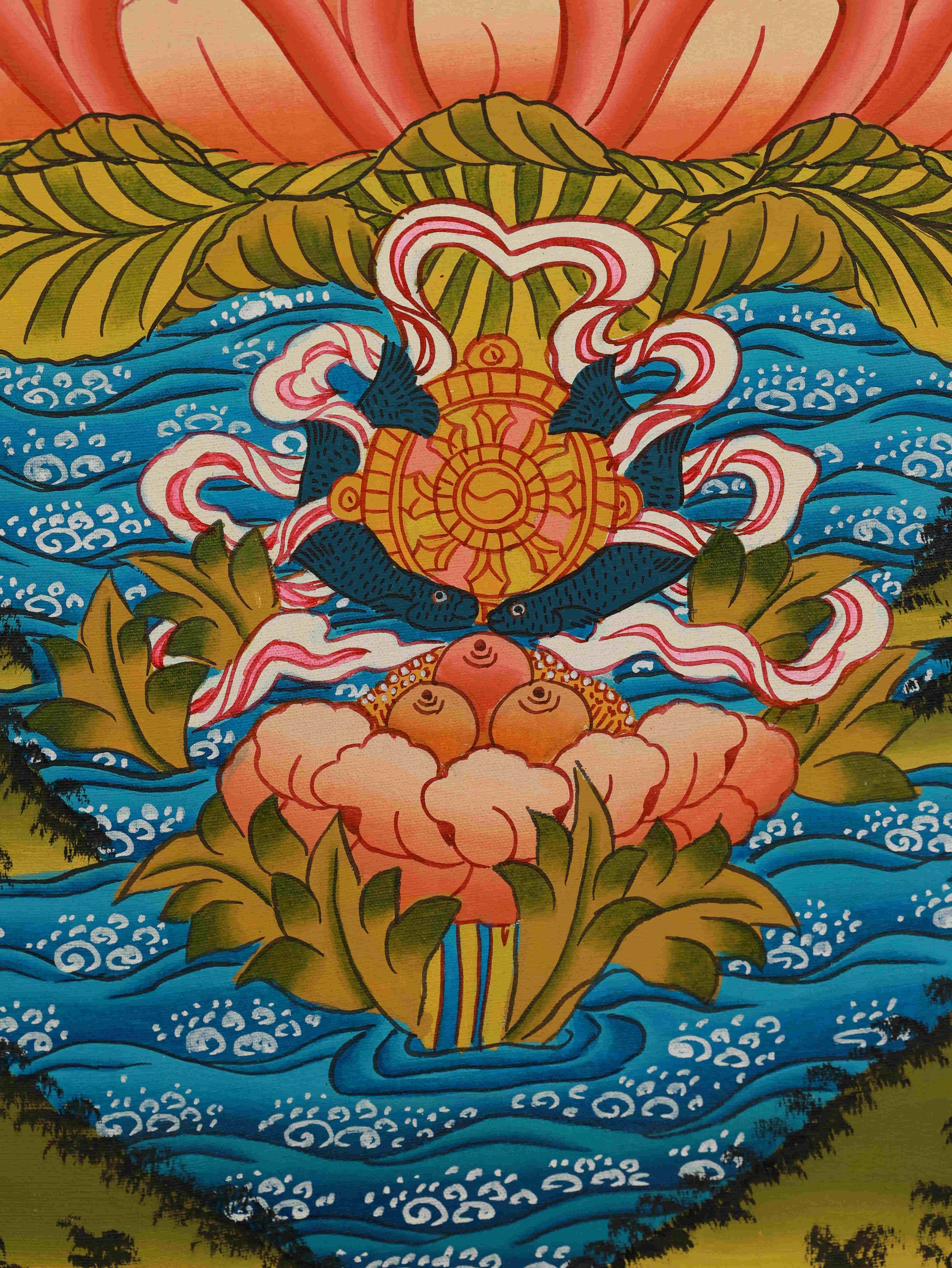 Sacred Tibetan Thangka of Four-Armed Chenrezig, bringing compassion, protection, and spiritual blessings.