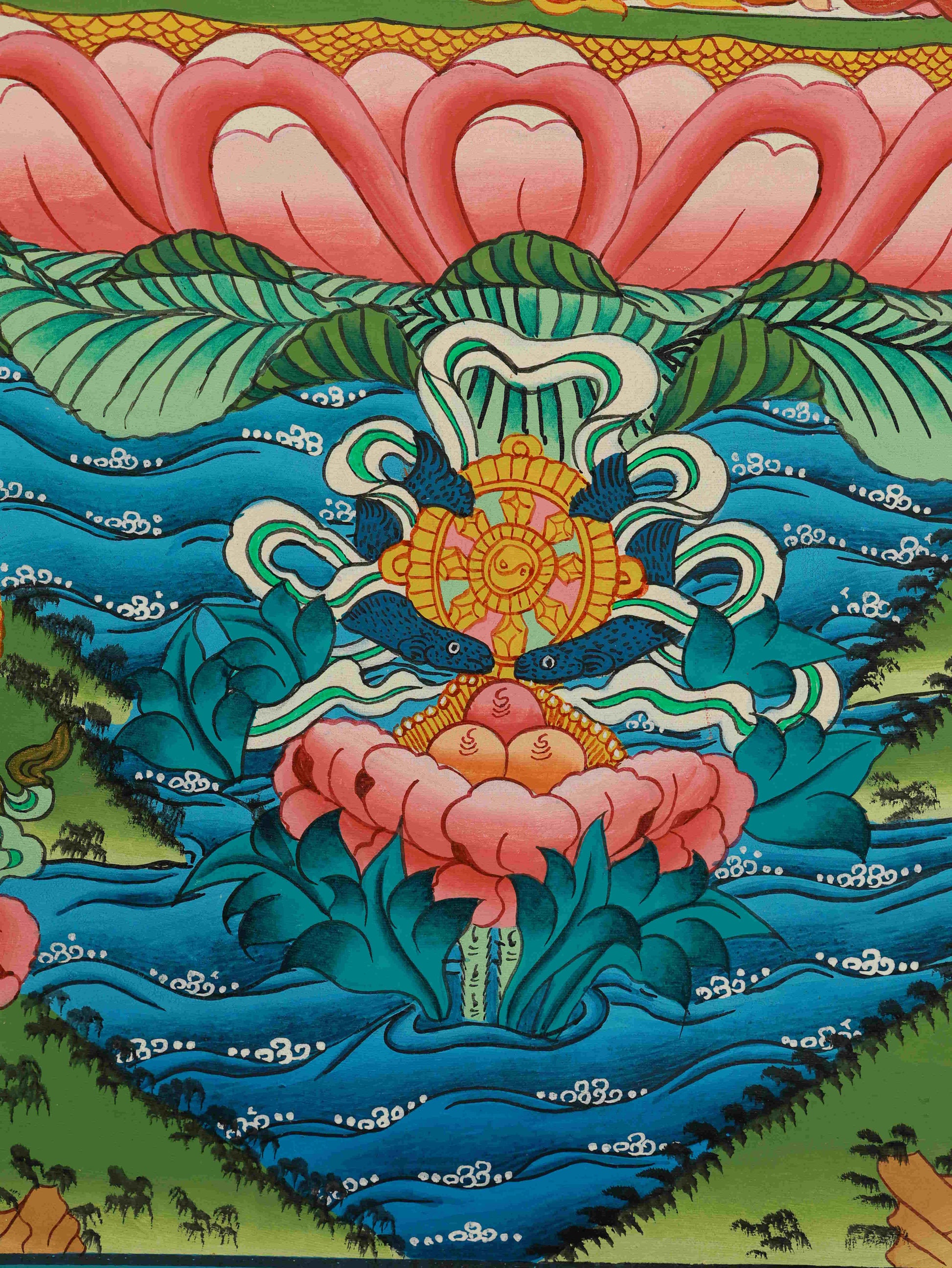 Traditional hand-painted Four-Armed Chenrezig Tibetan Thangka, promoting compassion, peace, and spiritual blessings.