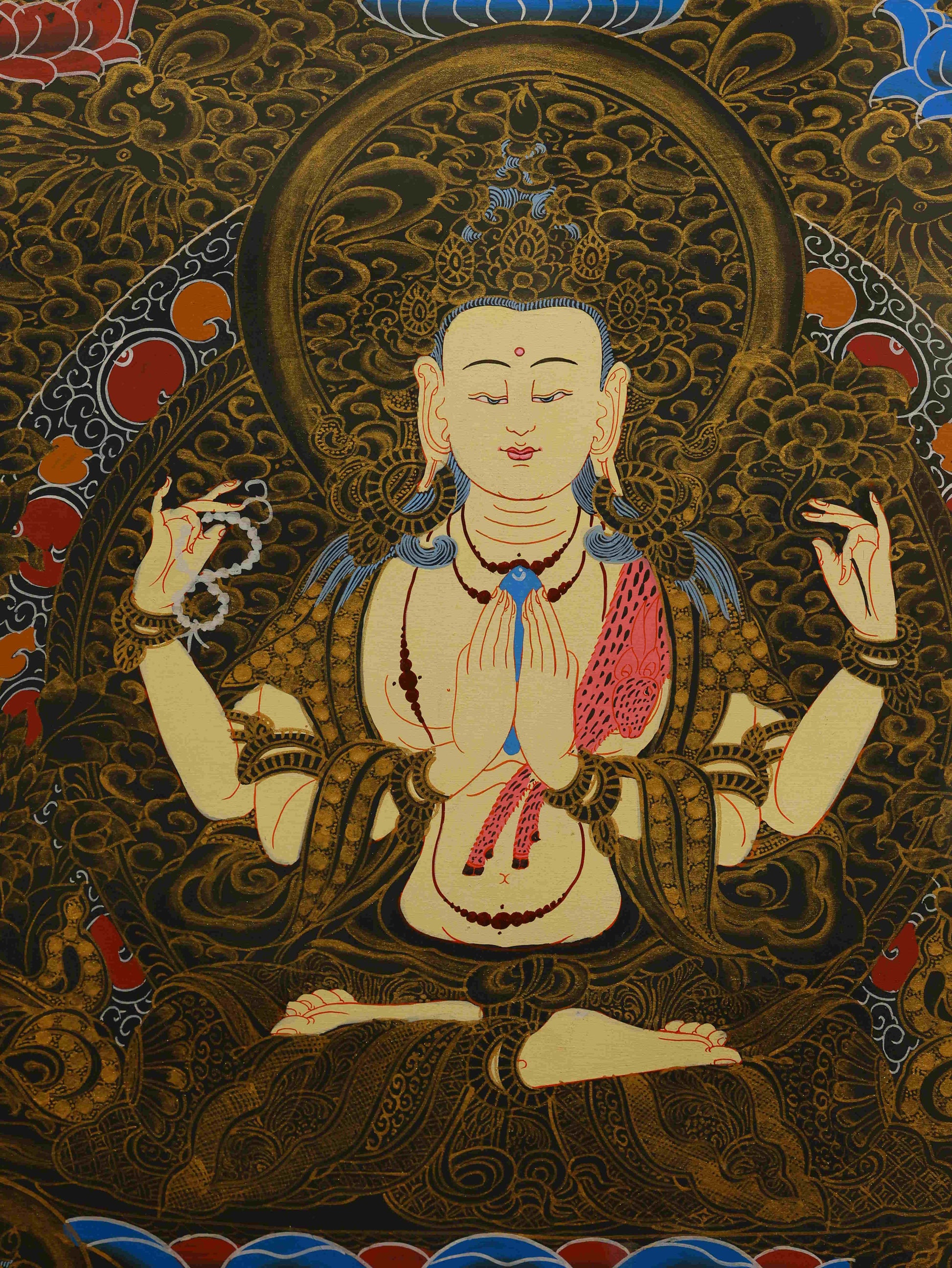 Authentic Black-Gold Avalokiteshvara Thangka, handcrafted Tibetan Buddhist art representing mercy and enlightenment.