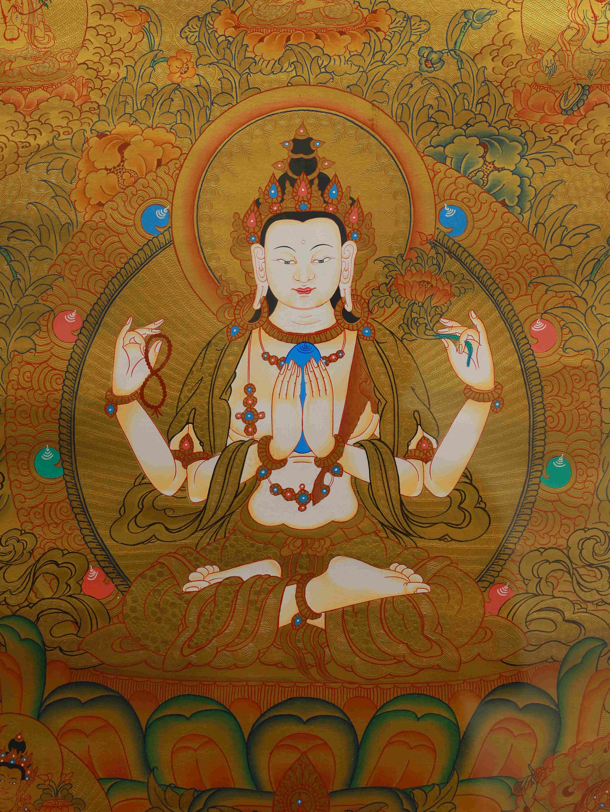 Authentic handmade Tibetan Thangka of Four-Armed Avalokiteshvara with pure gold leaf details.