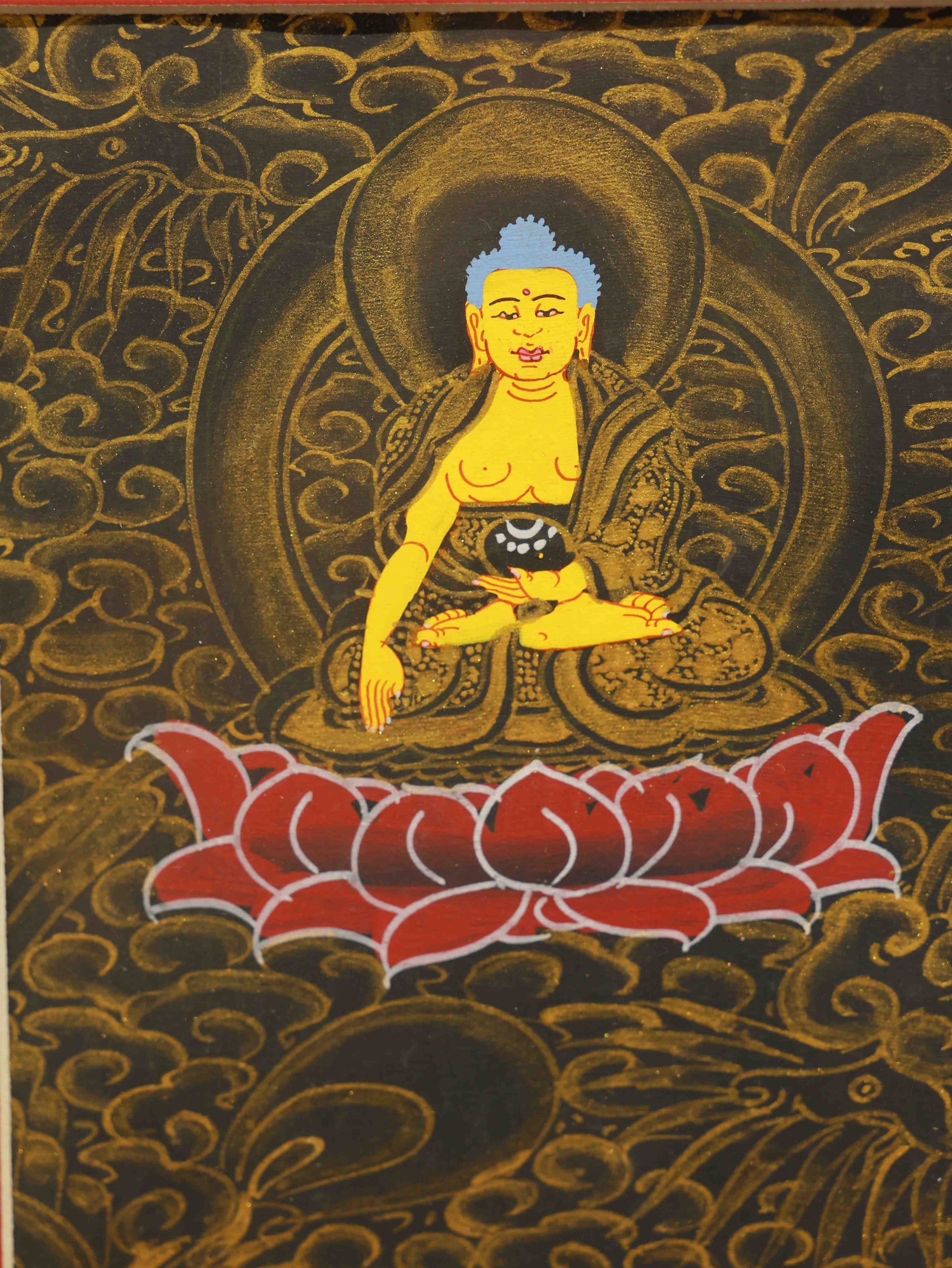 Tibetan Thangka of Four-Armed Chenrezig Bodhisattva, hand-painted with black-gold tones and sacred symbolism.