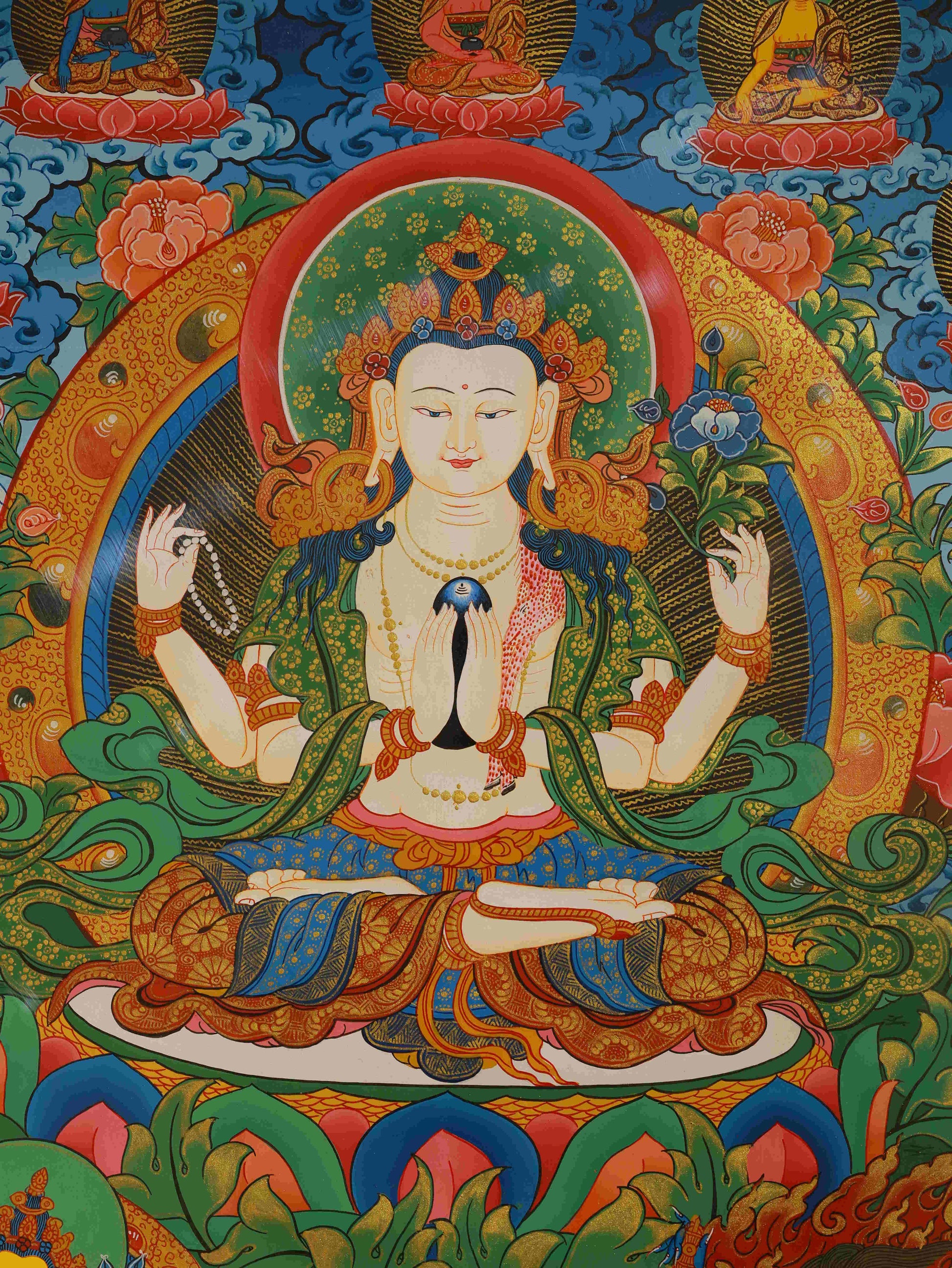 Tibetan Buddhist Four-Armed Guan Yin Thangka, handcrafted mineral pigment Buddha art