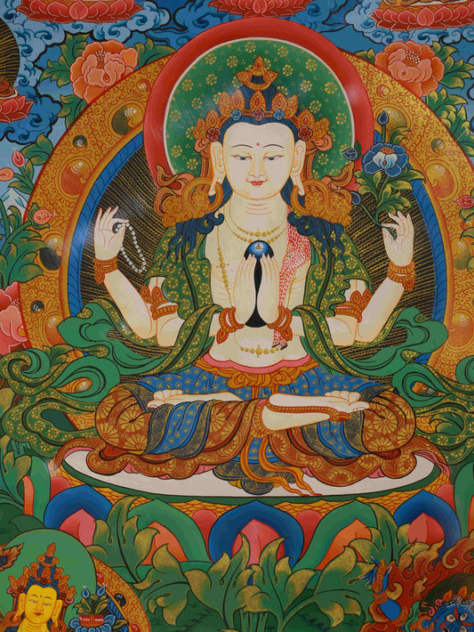 Tibetan Buddhist 4-Armed Avalokiteshvara Thangka, traditional Tibetan Buddha art design