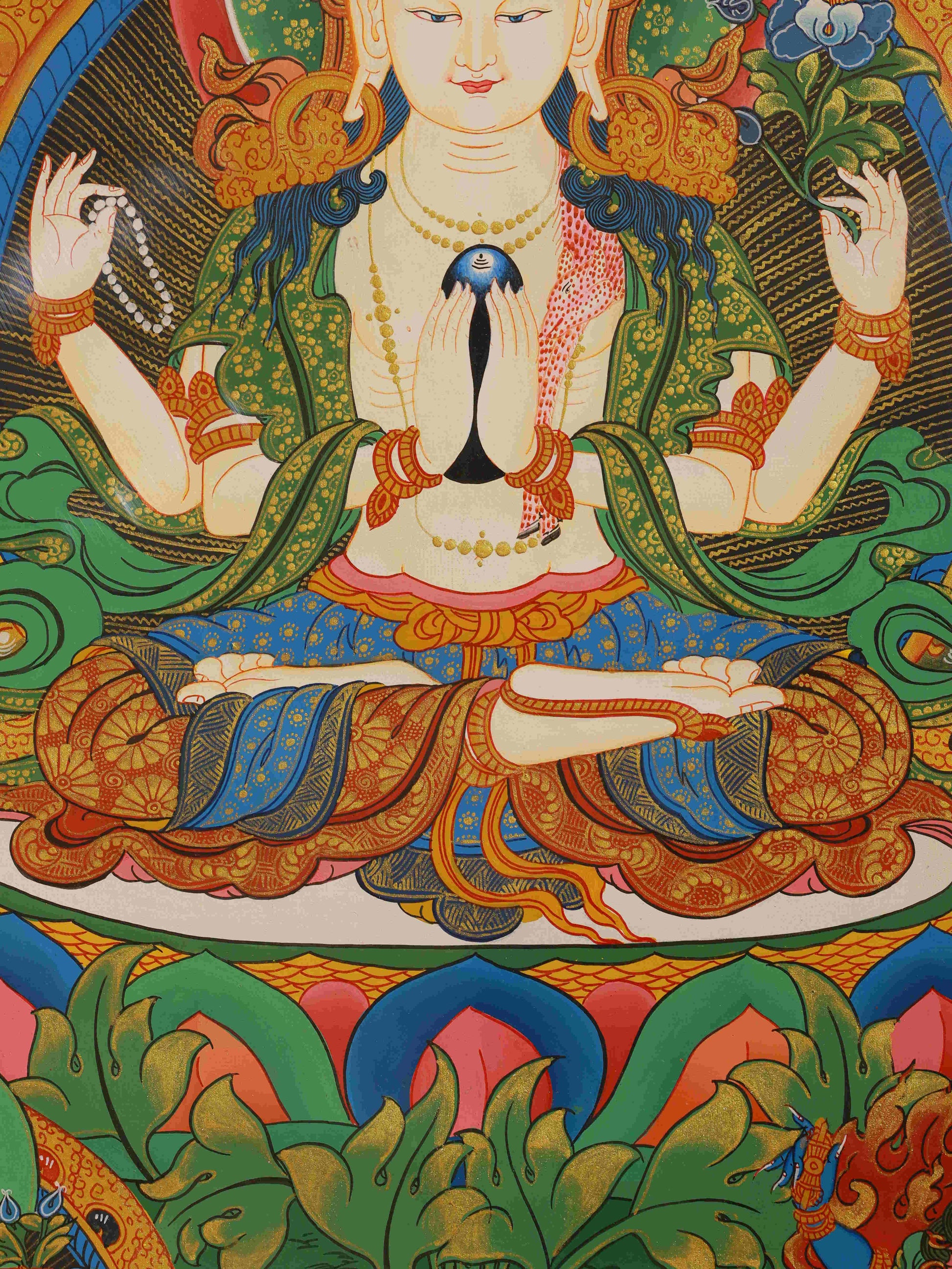 Tibetan Buddhist Four-Armed Guan Yin Thangka, hand-painted Tibetan Buddha art canvas