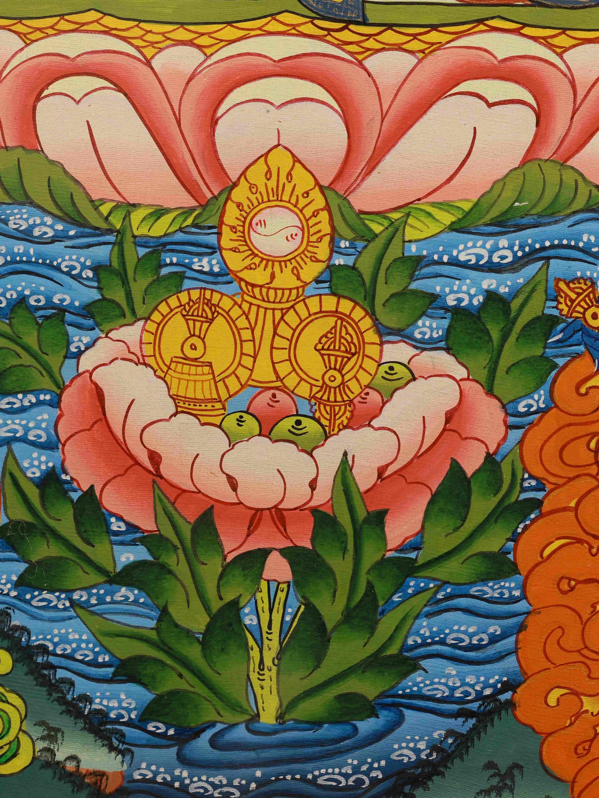 Hand-painted Tibetan Four-Armed Guanyin Thangka with mineral pigments and sacred motifs.