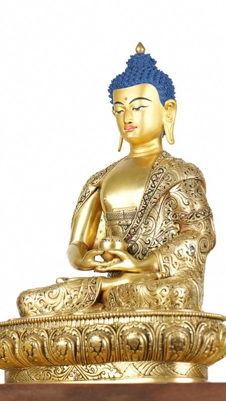  Gilded Tibetan Buddhist Amitabha Buddha statue, handcrafted with care from purple copper. A serene and elegant piece of Buddhist art for your altar or meditation space.