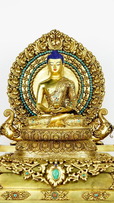  Handcrafted gilded Tibetan Buddhist Amitabha Buddha statue, made from durable purple copper and decorated with mineral pigments. A perfect centerpiece for meditation. 