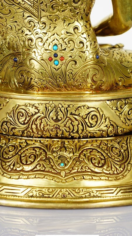  Hand-painted Tibetan Buddhist Amitabha Buddha statue in purple copper. A finely detailed piece that adds spiritual depth and tranquility to any room. 