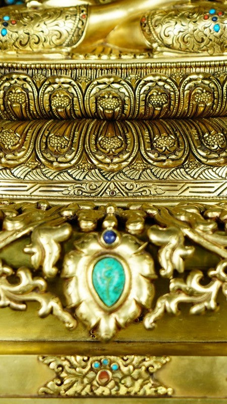 Gilded handcrafted Tibetan Buddhist Amitabha Buddha statue in purple copper, featuring vibrant mineral pigments. A striking and meaningful addition to any sacred space. 