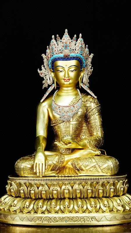 Gilded Crown Shakyamuni Buddha statue in handmade purple copper, Tibetan Buddhist statue with detailed hand-painted finish, ideal for shrine, home décor, and collectors.