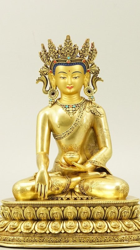 “Handcrafted Shakyamuni Buddha statue with gilded crown and mineral pigments, Tibetan Buddhist statues art, sacred Buddhist home décor.”