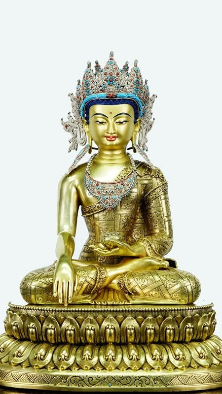 Handcrafted purple copper Shakyamuni Buddha with gilded crown, Tibetan Buddhist statue featuring fine mineral painting, perfect for meditation spaces and art lovers.