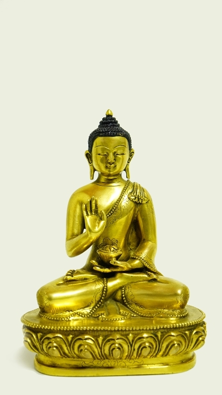 Handcrafted Five Dhyani Buddhas statue with gilded finish and mineral paint, representing the spiritual depth and artistry of Tibetan Buddhism.