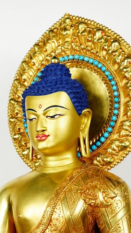 Handmade Tibetan Buddhist Three Buddhas statue, featuring rich gilding and mineral paint for a stunning addition to any spiritual collection.