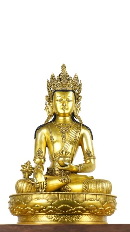 Alt Text: Handcrafted Tibetan Buddhist Zanabazar Gilded Three Buddhas Statue, made with mineral paint, showcasing exceptional craftsmanship and timeless Buddhist art.