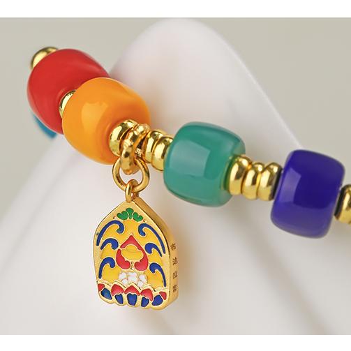 Tibetan-Buddhist jewelry bracelet with glass beads, Sherpa motif, and copper detailing