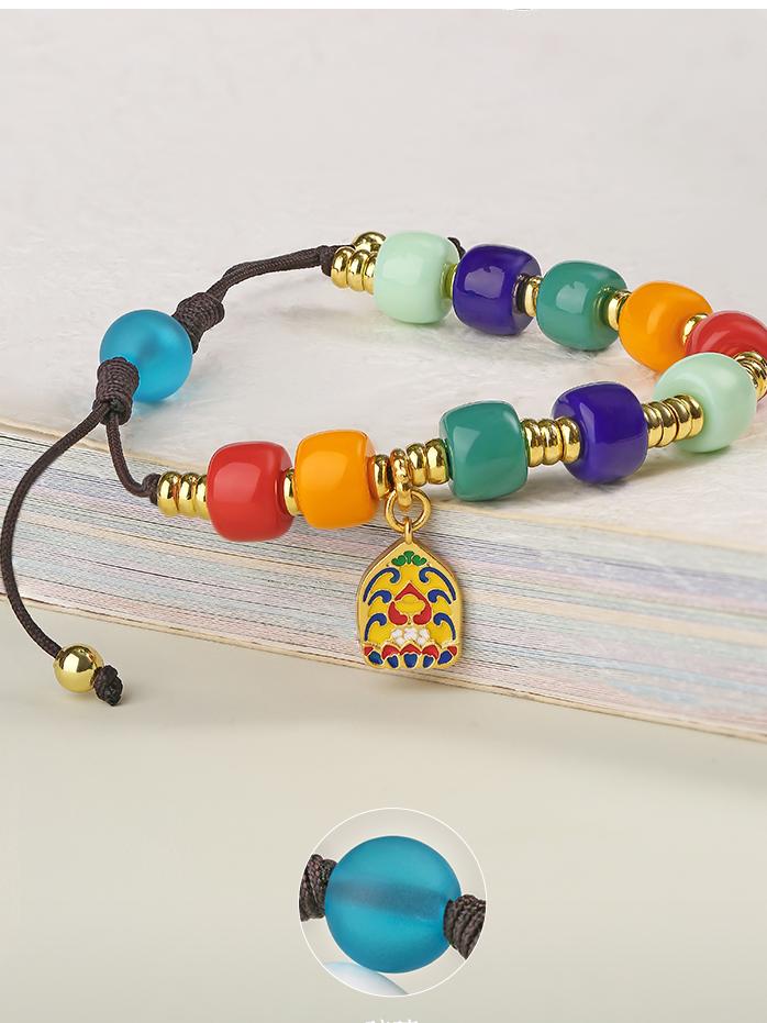 Tibetan-Buddhist glass beaded bracelet with Sherpa charm and copper accents