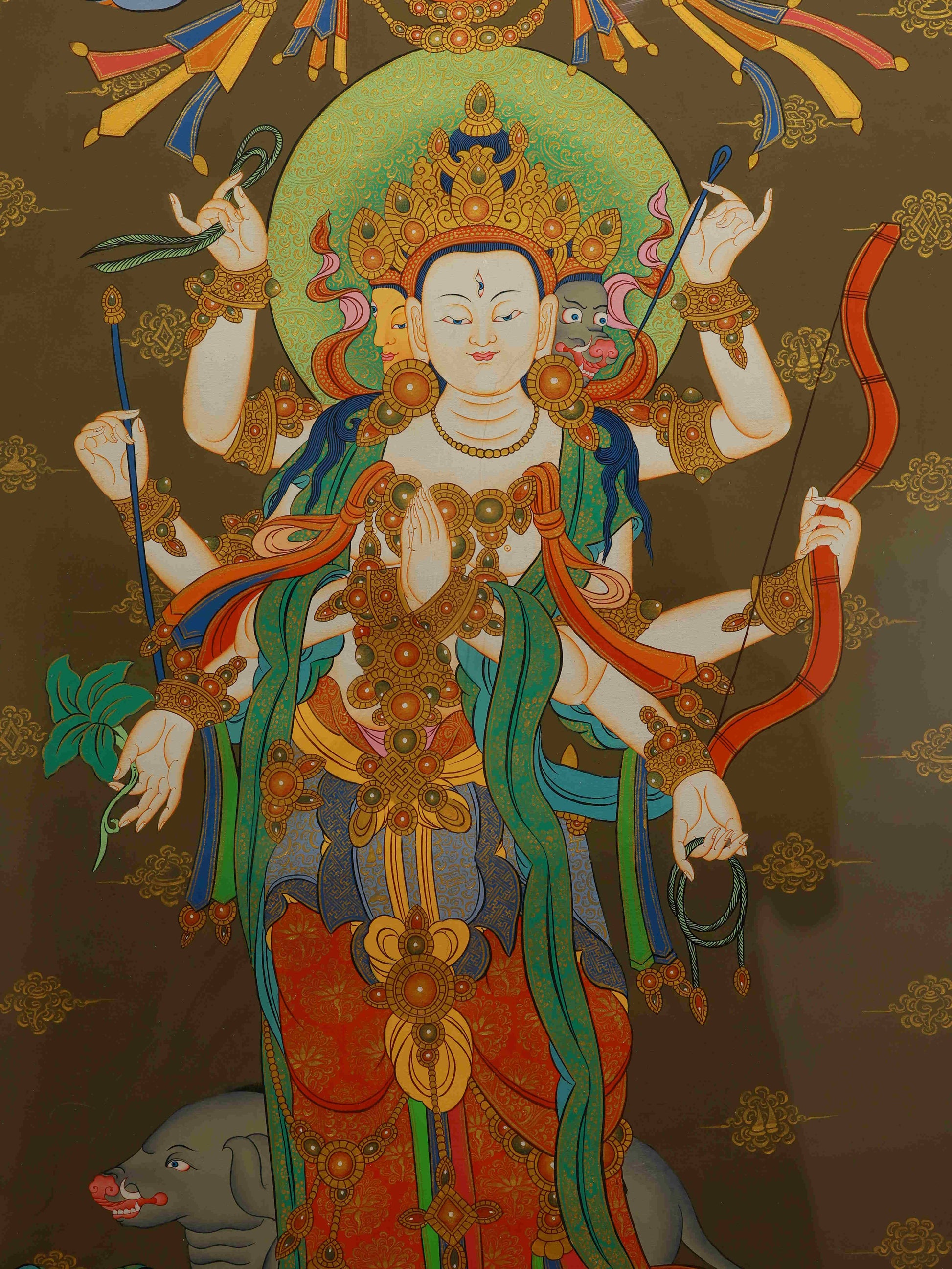 Tibetan Thangka of Marici Bodhisattva featuring Chinese zodiac symbols, representing light dispelling ignorance and karmic balance.