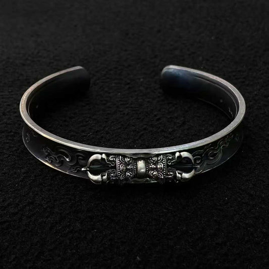 Handcrafted Tibetan Buddhist Vajra bangle made from pure gold and silver with fine inlay craftsmanship.