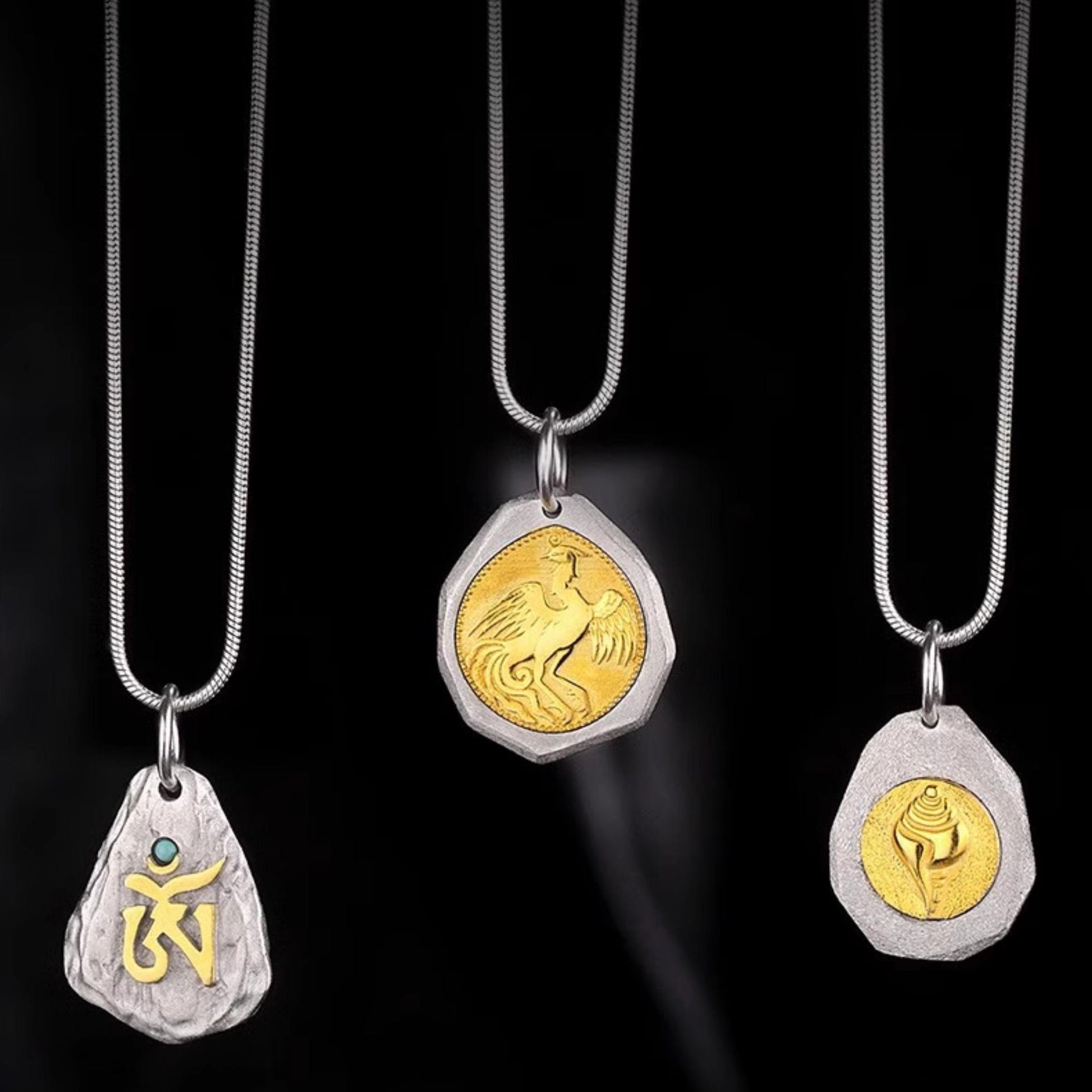 Tibetan Buddhist Silver Golden Conch Pendant with Leather Chain – Sacred Pendant of Abundance and Wisdom