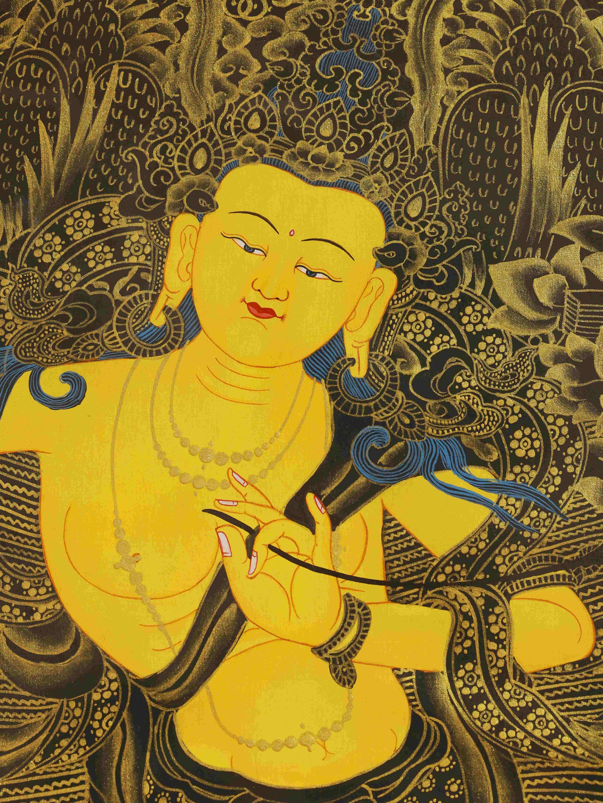 Hand-painted Tibetan Buddhist Manjushri Thangka on canvas, crafted with mineral pigments, representing the Wisdom Bodhisattva in sacred Tibetan Buddha art style.
