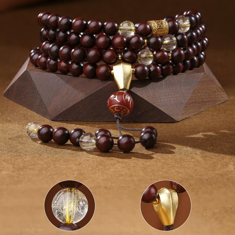 Tibetan Buddhist sandalwood and golden rutile 108 beads mala necklace handcrafted with silver and mantra accents